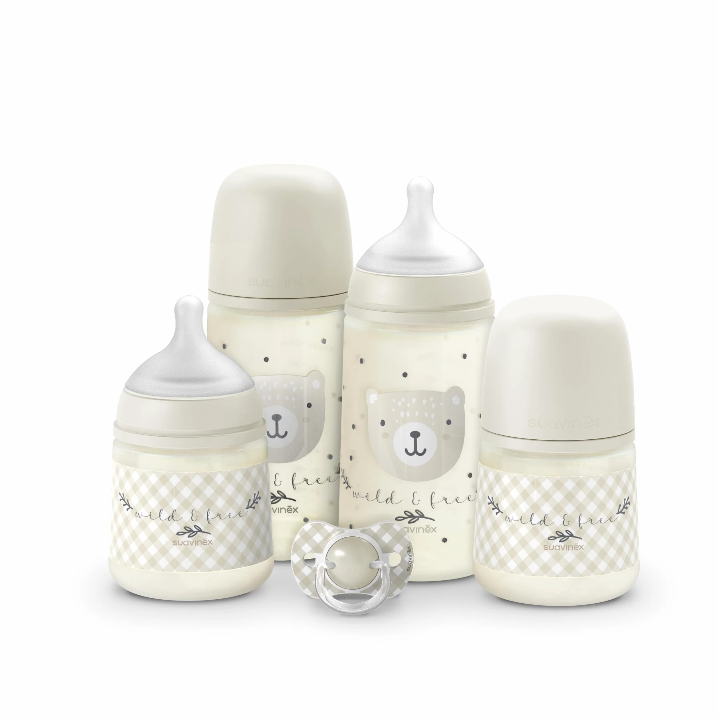 Suavinex, Set di Biberon per Neonati, Confezione Regalo con: 2 Biberon da 270 ml + 2 Biberon da 150 ml + Ciuccio da 0 a 6 Mesi, Tettarelle Fisiologiche SX Pro in Silicone, 5 Pz, +0M, Wild&Free Beige