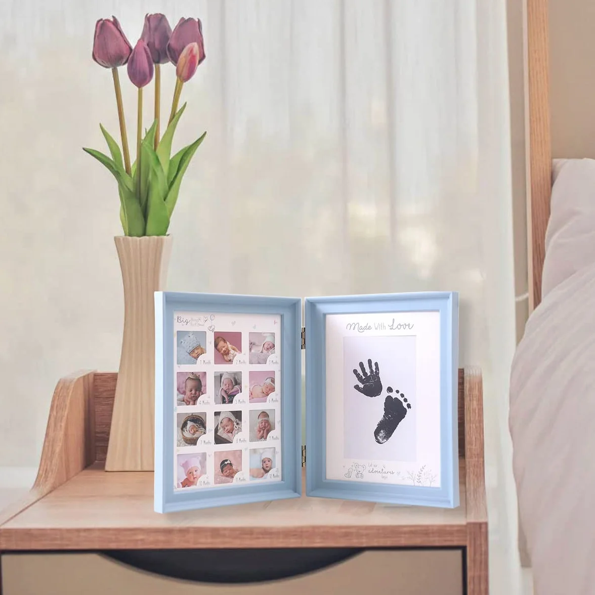 LEcylankEr Impronta Mani e Piedi Neonati, Portafoto 12 Mesi Regalo Battesimo Bimbo,Cornice per Foto Pieghevole a Due Vie con Tampone di Inchiostro Ricaricabile Nero (blu)