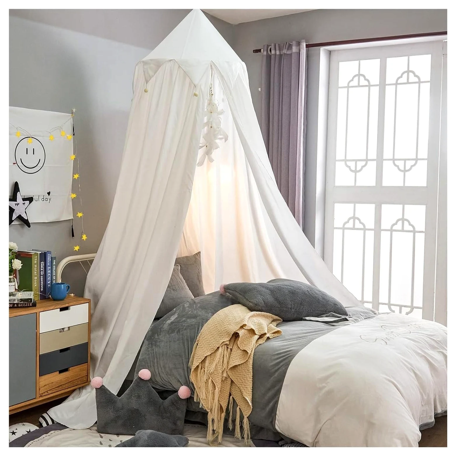 Tenda da Letto, Baldacchino da Letto, baldacchino sospeso a Cupola Rotonda for mazzetta for Bambini Arredamento della Camera for Angolo di Lettura Castello Gioco for Interni ed Esterni(White)