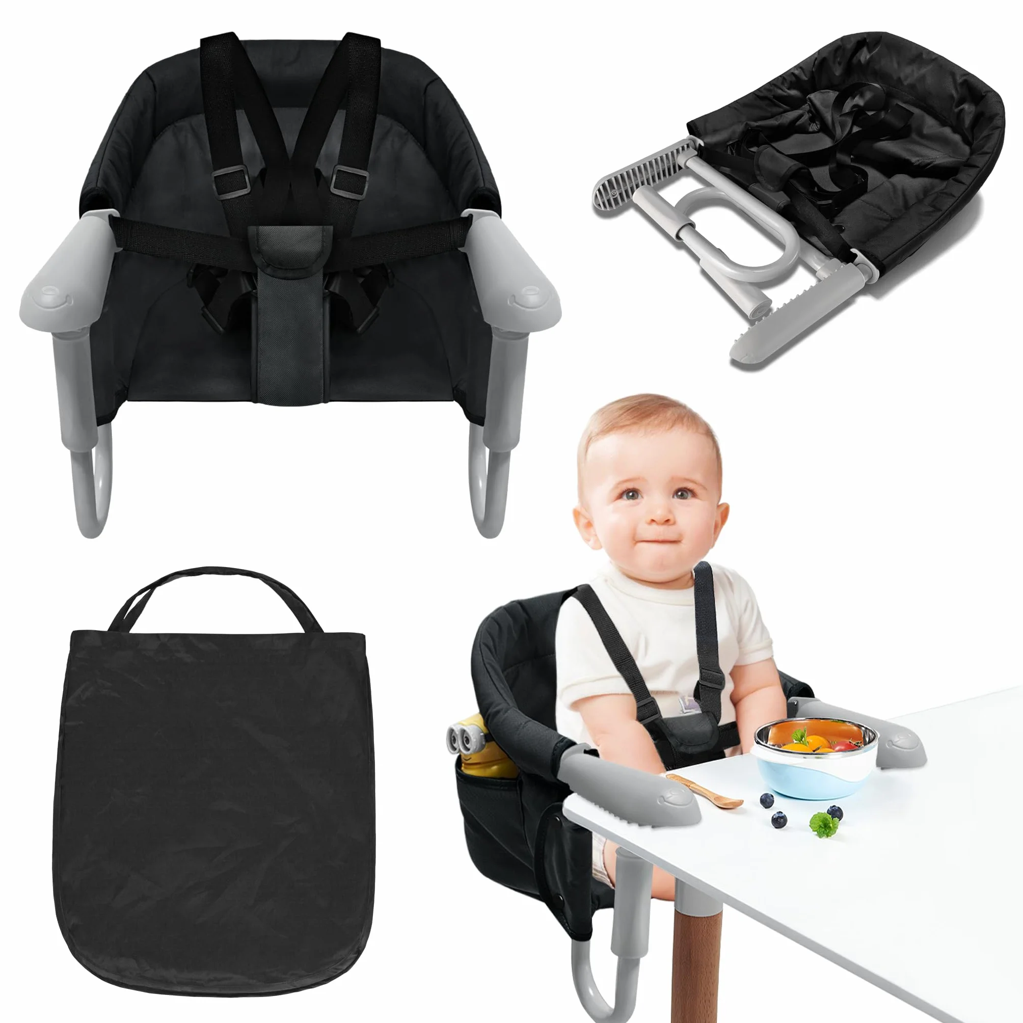 Froadp Seggiolino da tavolo pieghevole per bambini, con custodia e linguette di fissaggio sicure, per bambini, seggiolone, con aste di fissaggio regolabili, per casa, viaggi, colore nero