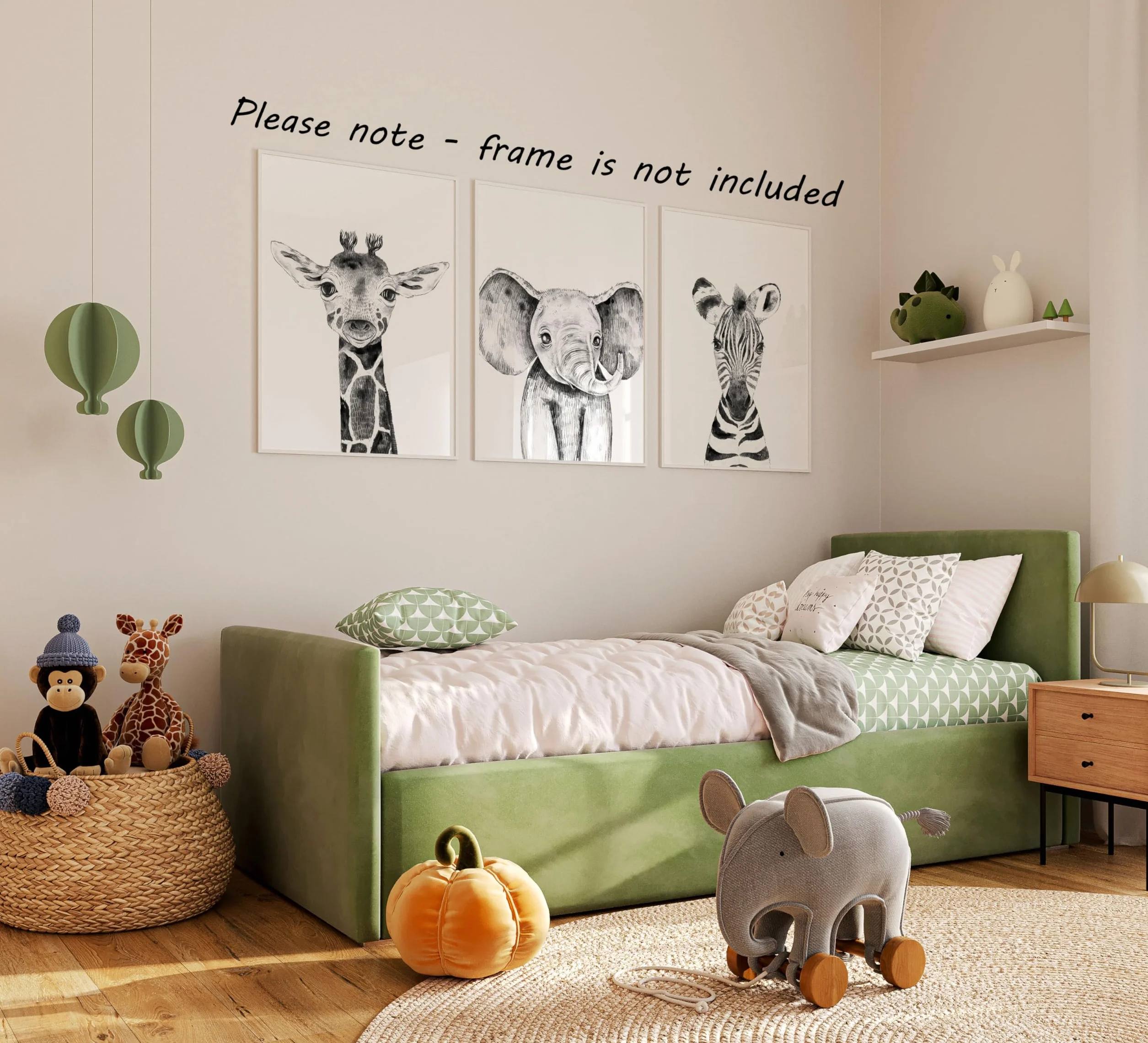 Eviepops Prints Quadri Cameretta Bambini Safari – Set di 3 Stampe Animali Elefante, Giraffa, Zebra Stile Bianco e Nero Decorazione Parete Bambini Senza Cornice (A3)