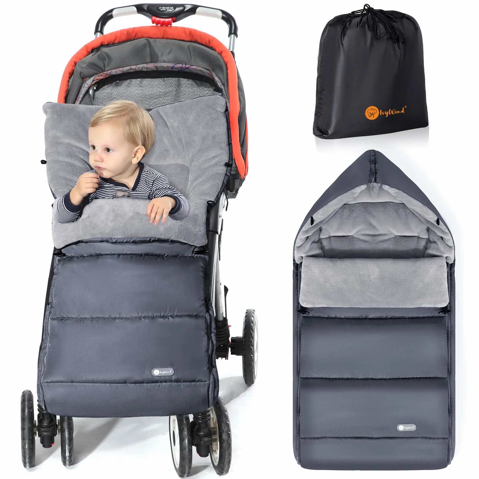Ivywind Sacco Passeggino Universale, Impermeabile Sacco Invernale Passeggino con Cerniera Regolabile, Inverno Coprigambe Passeggino Universale, Lavabile e Staccabile, Caldo, Grigio