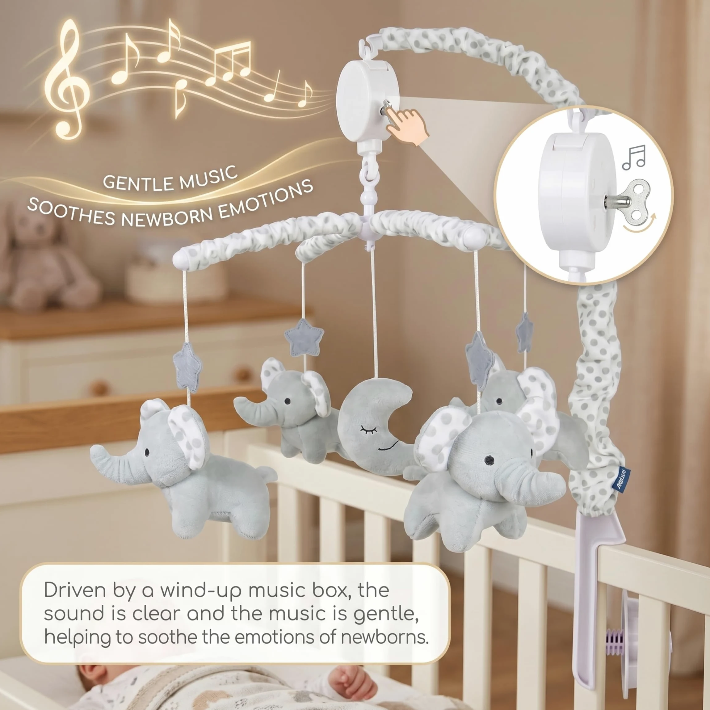 Giostrina per lettino, giostrina musicale con elefante rotante, grigio | Carillon a carica con elefanti di peluche per lo sviluppo sensoriale, la decorazione della cameretta e l'intrattenimento per