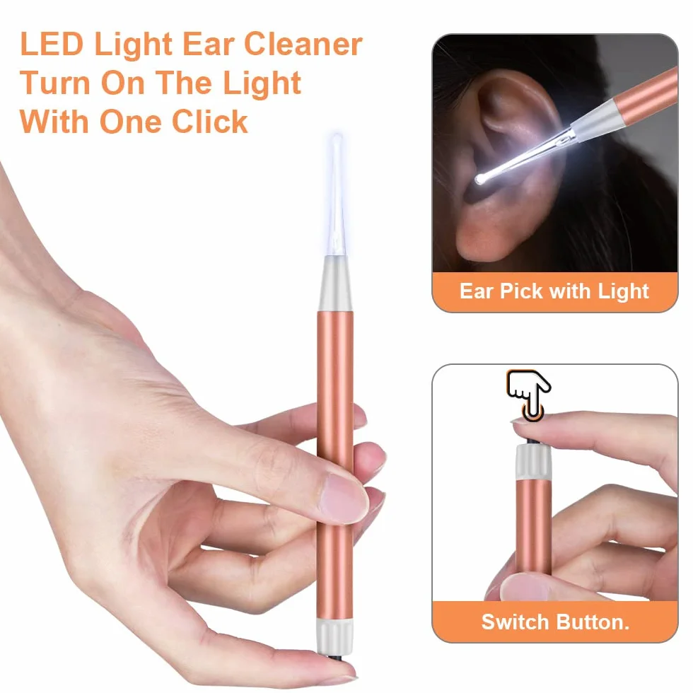 Vicloon Pulisci Orecchie, 15 Pezzi Kit Rimozione Cerume, Strumenti per Pulizia Dell’Orecchio con LED, 2 Lente D'ingrandimento e 6 Tamponi, Con Scatola Portaoggetti, Adatto per Adulti e Bambini