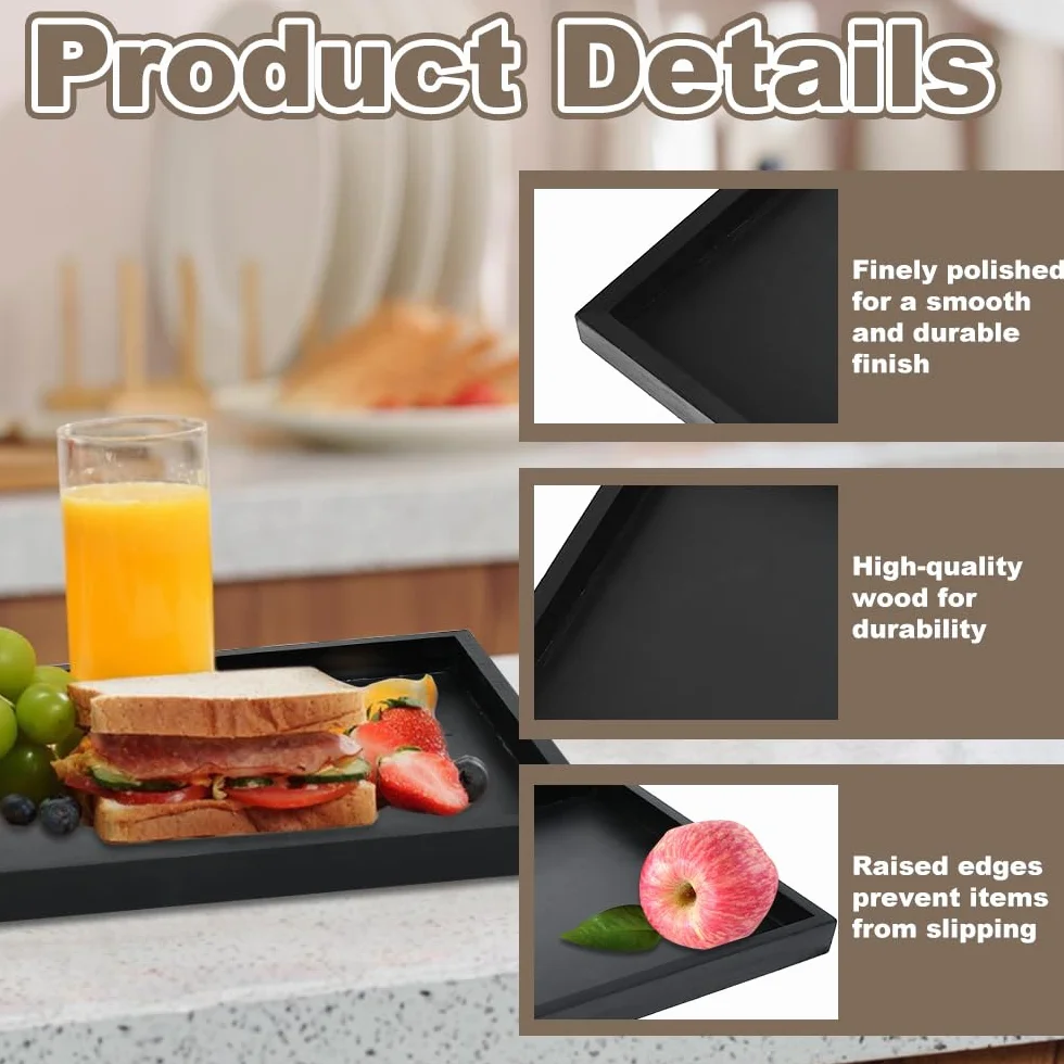 Vassoio da Portata Nero, Vassoio in Legno Nero, Vassoio Portaoggetti Rettangolare Moderno Vassoio Decorativo per Caffè, Snack e Frutta per Casa, Cucina, Bar e Ristorante, 32 x 20 x 2 cm