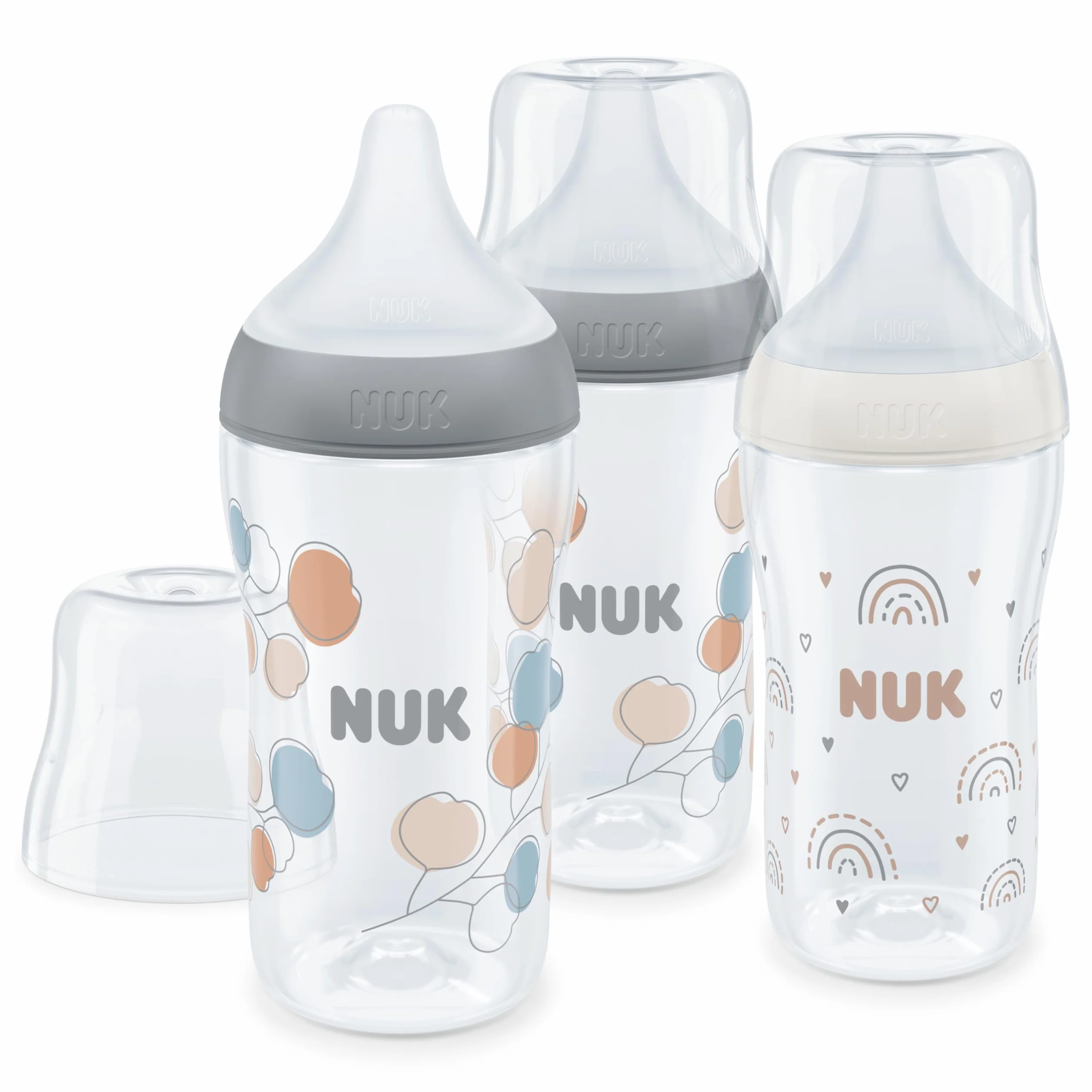 NUK Set biberon Perfect Match | 3+ mesi | Si adatta al palato del bambino | Controllo temperatura | Sfiato anti-colica | 260 ml | Senza BPA | Tettarella media in silicone | Arcobaleno e fiocco | 3 pz