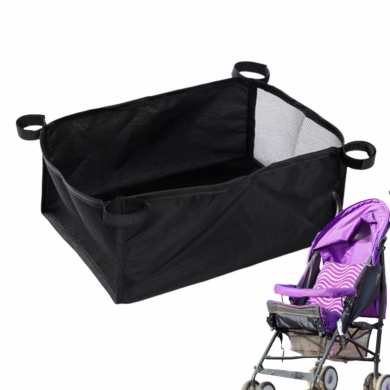 Sotto il cestino del passeggino, cestino inferiore del passeggino - Borsa portaoggetti per passeggino - Borsa portaoggetti portatile per passeggino, custodia in rete in tessuto Oxford per