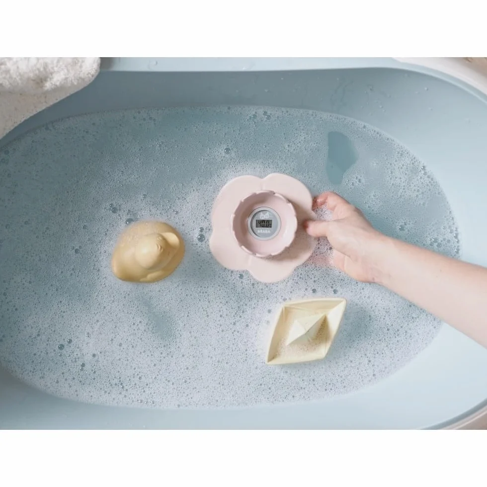 Béaba, Termometro da Bagno Lotus, Digitale, Multifunzione, Misurazione della Temperatura della Stanza e del Bagno, a Forma di Fiore Giocattolo, Old Pink