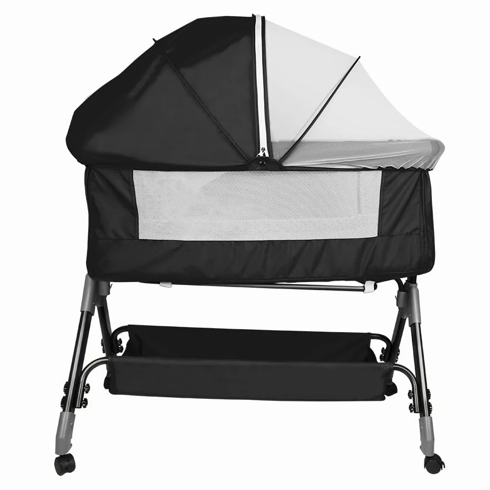 HUOLE 3 in 1 Culla Neonato Fianco Letto, Lettino Neonato Dondolo con Materasso, Culla Co-Sleeping Fino a 25 kg, Altezza Regolabili, Inclinazione di 20°-104 * 52 * 100-110 cm-nero