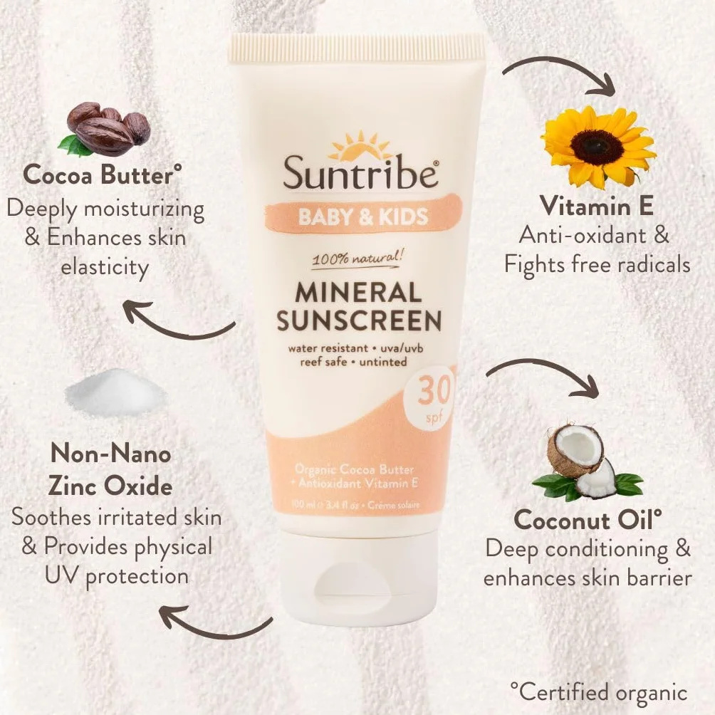 Crema Solare Naturale Minerale Neonati & Bambini FPS 30 Suntribe - 100 ml, Biologica, Senza Profumo - 100% Naturale, Resistente all'Acqua - "Migliore Crema Solare Minerale" (The Mum Marketplace)