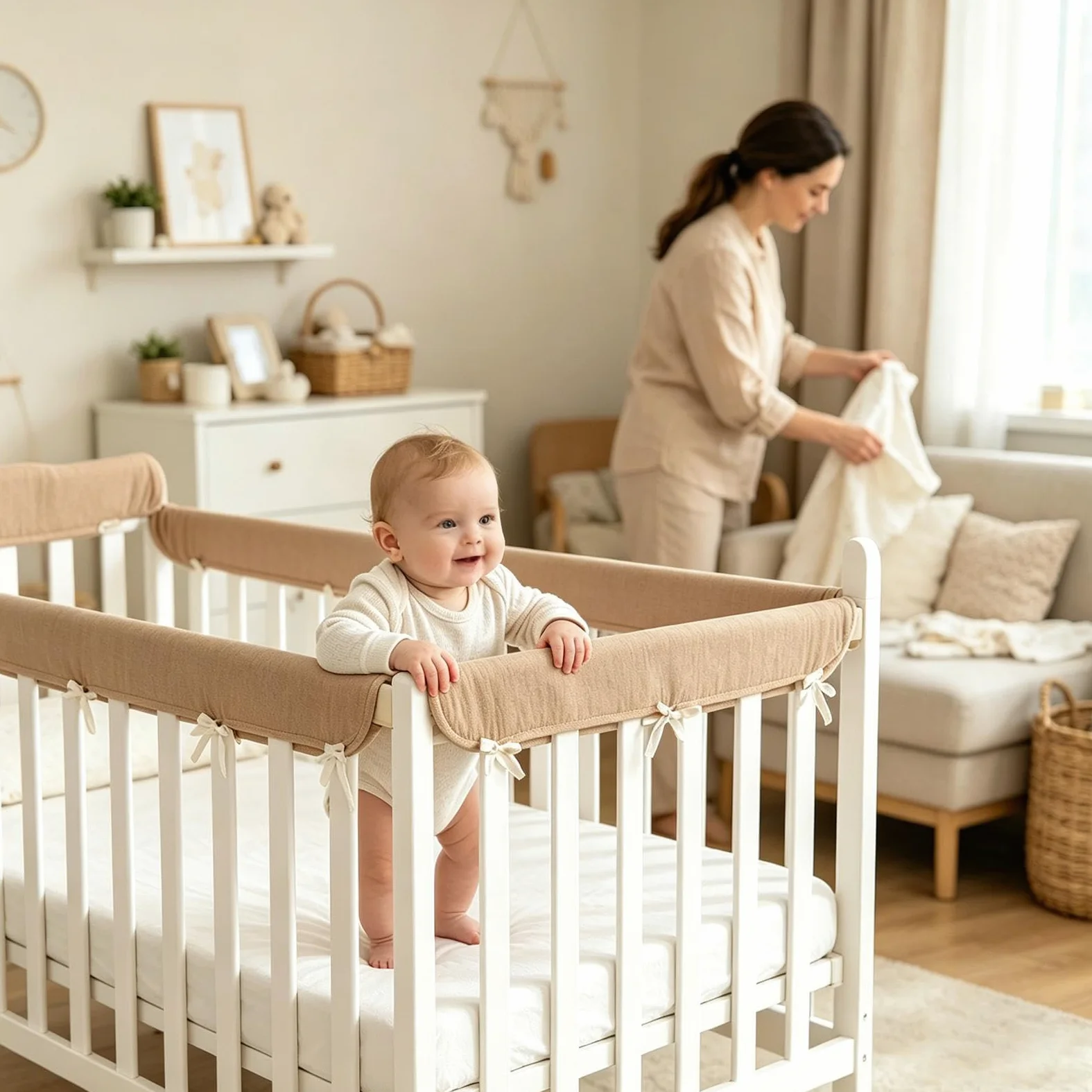 Protezione dentizione per lettino, in garza di cotone, traspirante, 2 pezzi, regolabile | Paracolpi per lettino per bambini, per soggiorno, cameretta dei bambini, stagioni calde, griglia di protezione per il letto