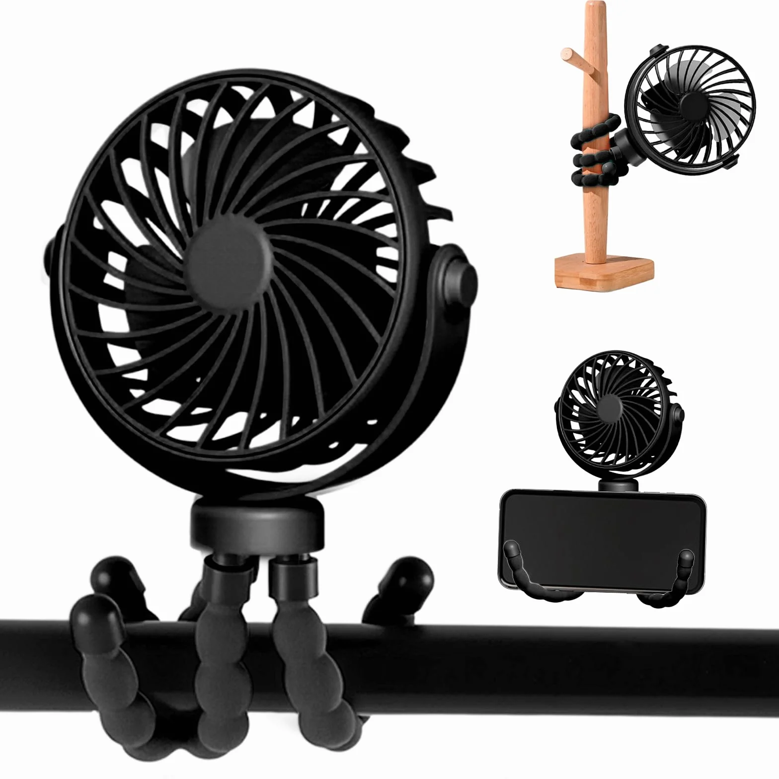 Ventilatore Portatile a Batteria Ricaricabile USB,Ventilatore Portatile Per Passeggino Rotazione a 360° a 3 Velocità con Treppiede Flessibile per Passeggino, Tapis Roulant, Culle (Nero)