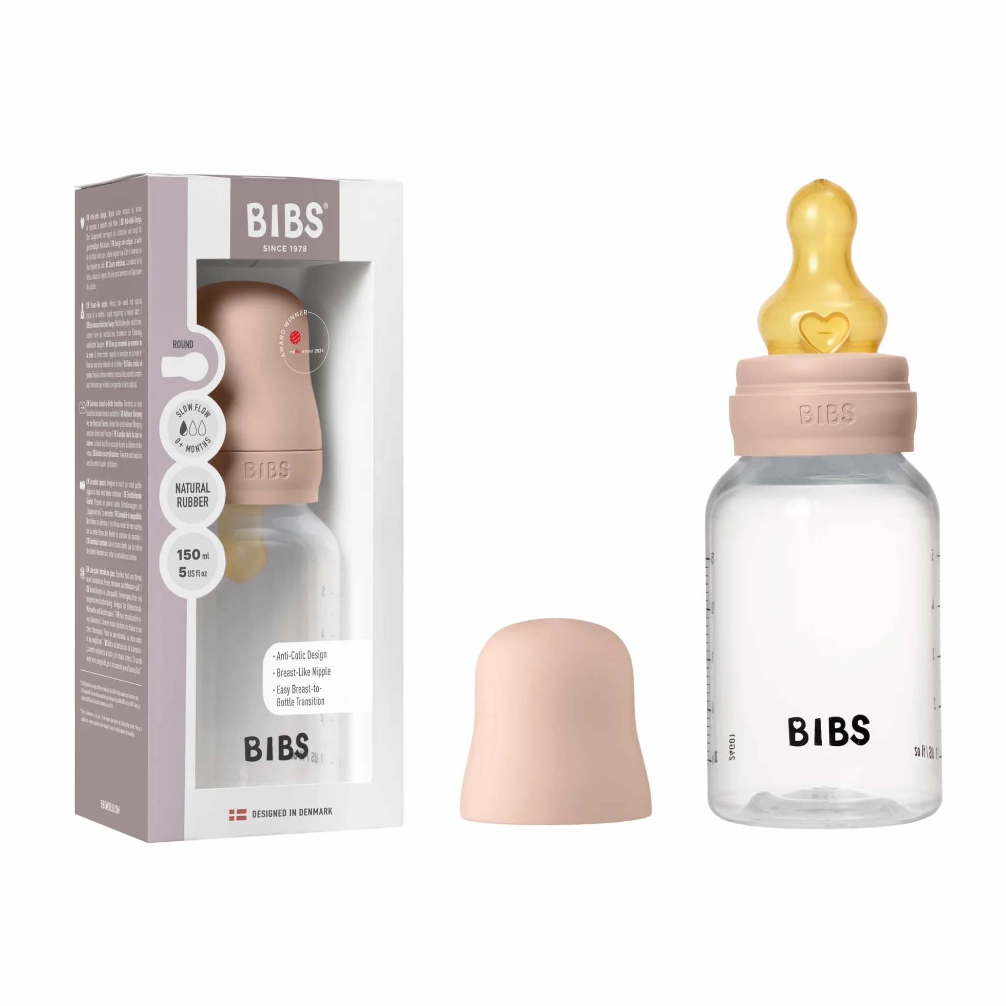 Biberon Baby BIBS 150 ml - Tettarella in lattice di gomma naturale - Anti-coliche, senza BPA, tettarella tonda, flusso lento, leggero e facile da pulire, per neonati 0+ anni - Blush