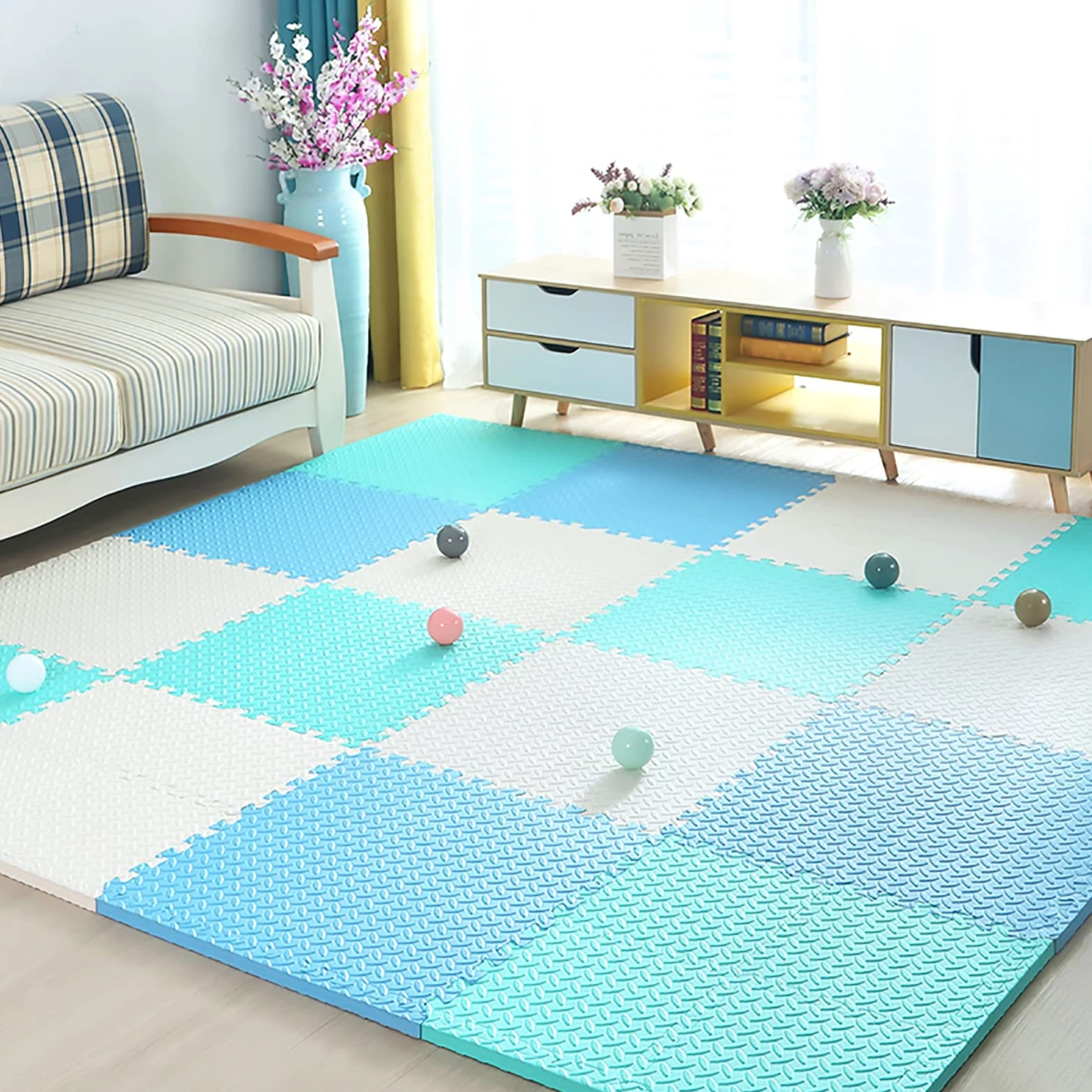 60X60x2.5Cm Tappetino da Gioco per Bambini,Tappeto Puzzle in Schiuma Eva Infantile Tappetino Strisciante Comodo E Antiscivolo per Salotto Camera da Letto,White+Green+Blue,12pcs