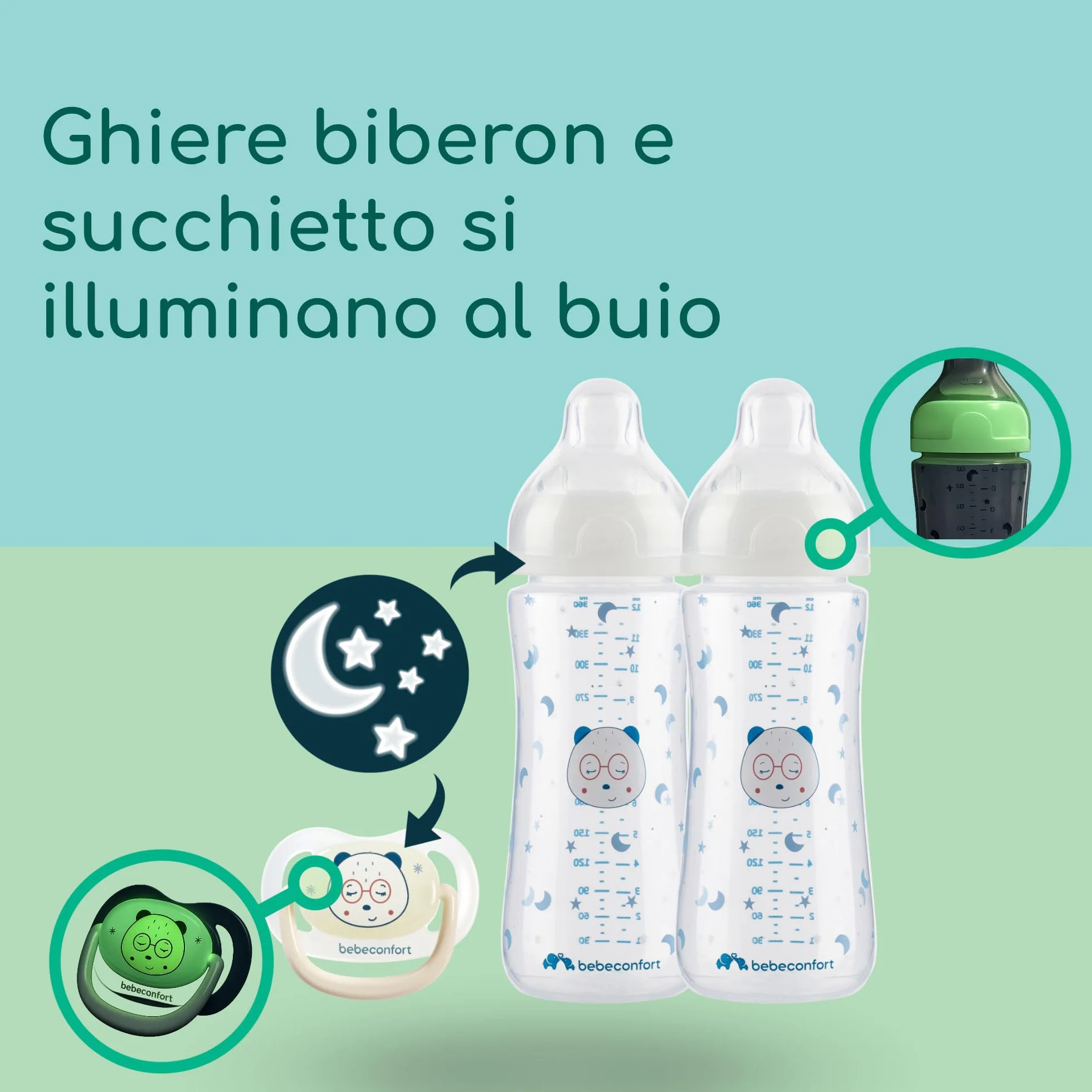 Bebeconfort Kit Biberon Neonato Physio Air Cresce-con-Me, Biberon Anticolica, 0+ mesi, Include 4 Biberon Neonato, 3 Misure di Tettarelle, Succhietto Anatomico, Design che si illumina al buio