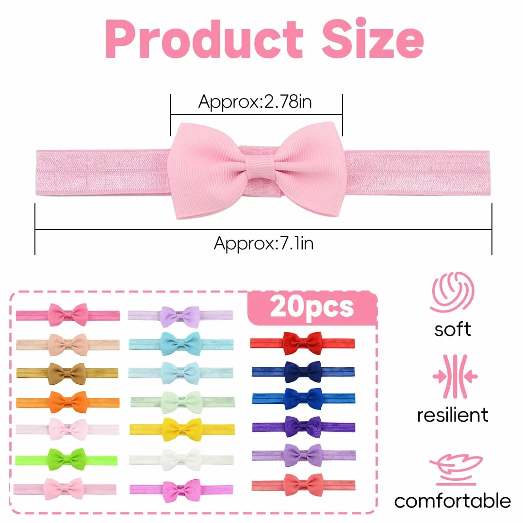 20 Pezzi Fascia Capelli Neonata, Fascia Capelli Bambina, Fascia Elastica per Capelli con Fiocchi Accessori per Capelli per Nascita Bambina Femmina