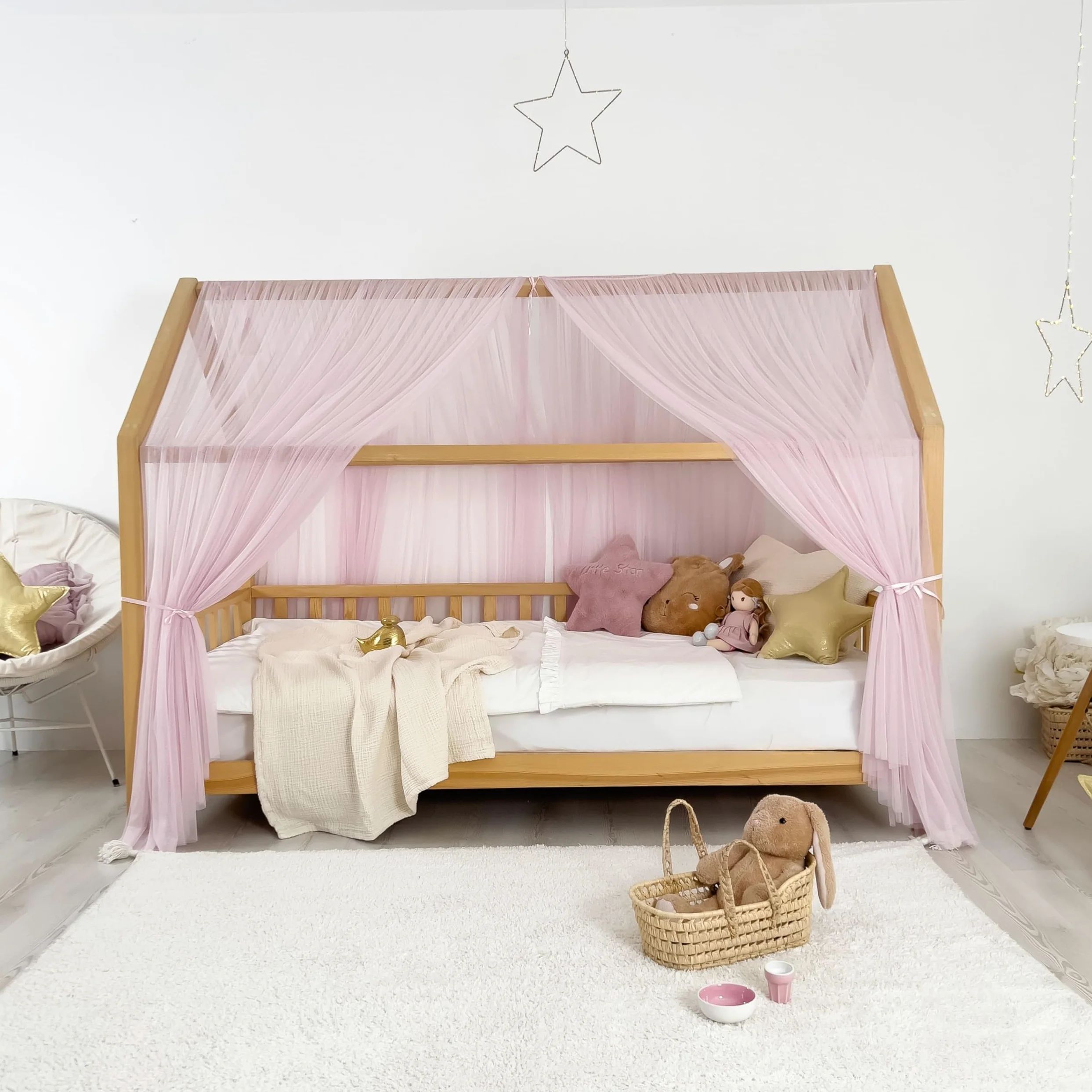 Tenda a baldacchino per letto della cameretta dei bambini, decorazione per letto montessori, tenda da gioco in morbido tulle per i più piccoli (Baby lilla, 460 cm, set da 3)