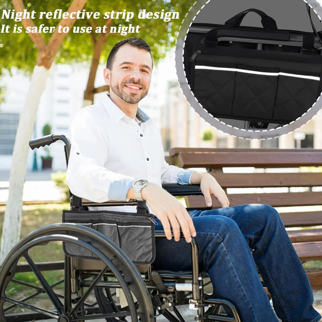 Sedie a rotelle, scooter disabili e accessori,Borsa portaoggetti per passeggino, striscia riflettente, borsa portaoggetti laterale per bracciolo sedia a rotelle