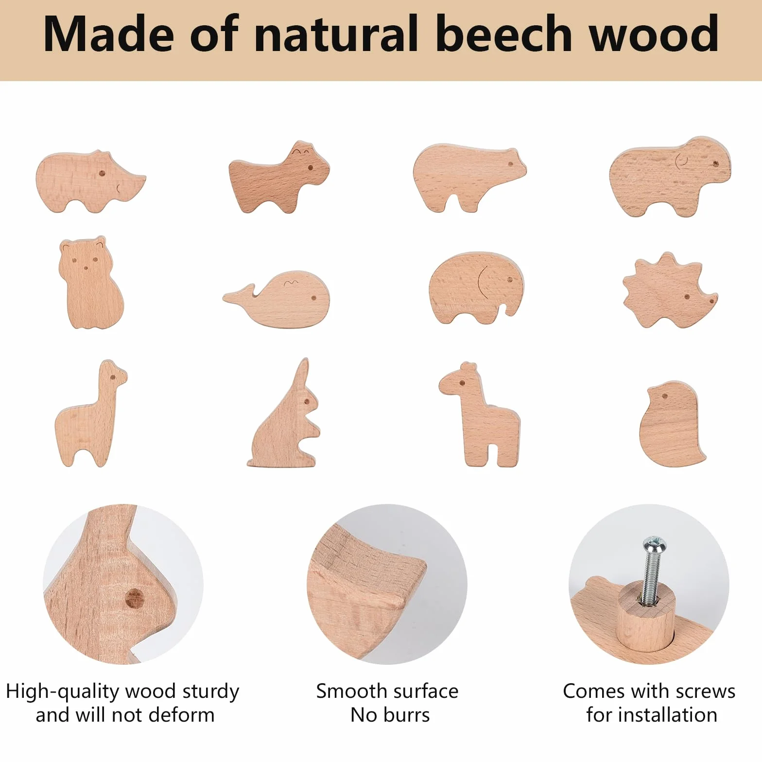 12 maniglie per cassetti in legno, a forma di animale, per bambini, per cameretta dei bambini, con bottoni in legno, con viti
