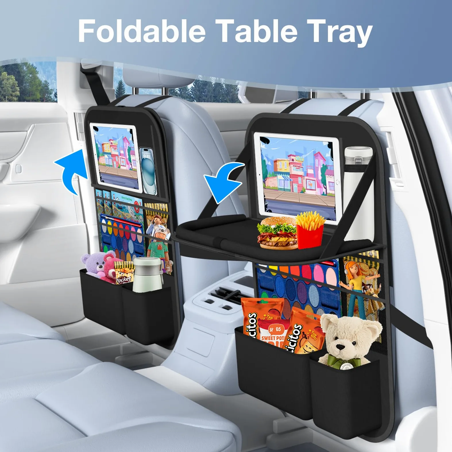 Organizer per sedile posteriore dell'auto con vassoio e 9 tasche portaoggetti per viaggi su strada, organizer per sedile posteriore, organizer per bottiglie, snack libri (1 confezione)