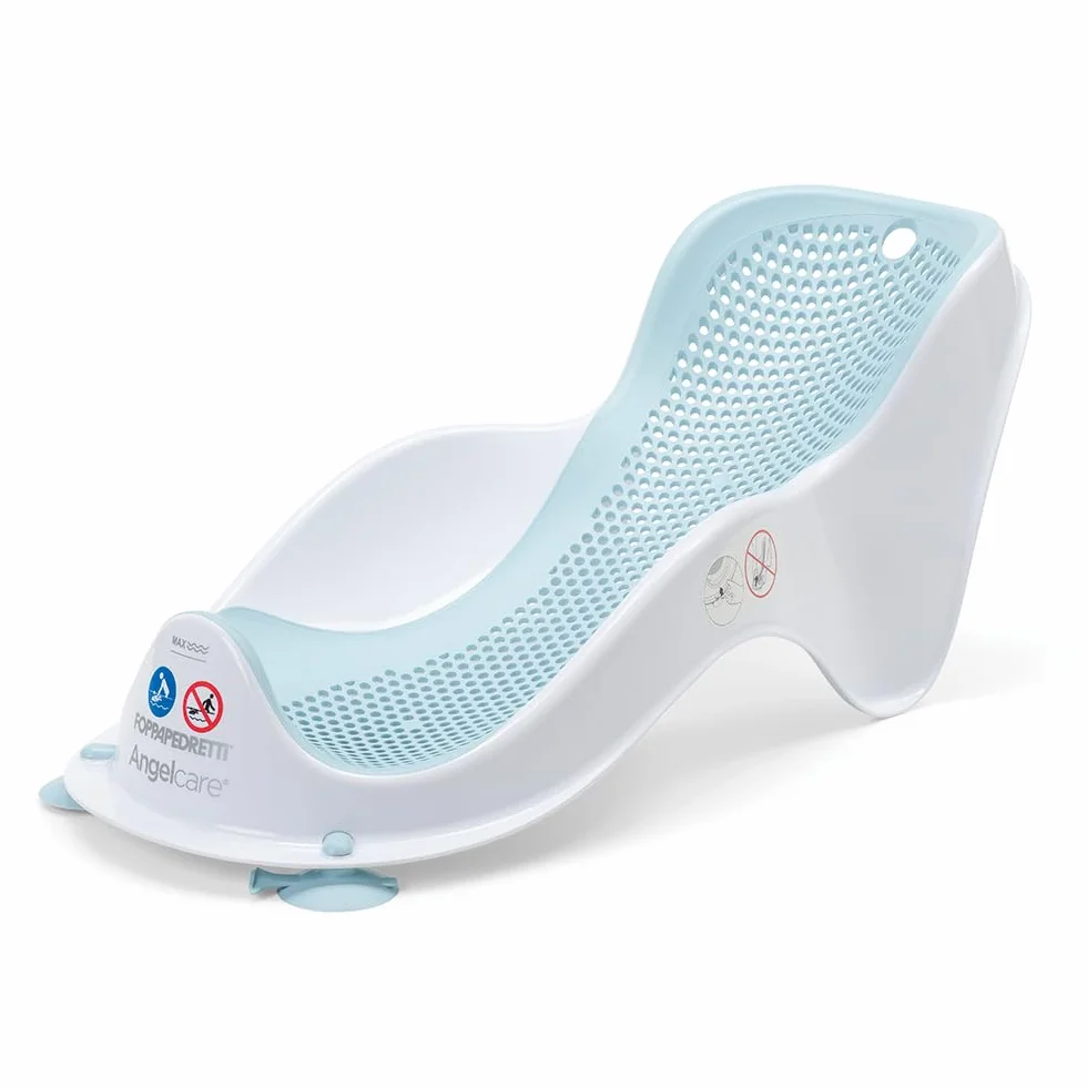 Foppapedretti Supporto Bagnetto Acquolina, per Bambini dalla nascita fino a 6 mesi (fino a 9 Kg), Igienico, Ergonomico, Maglia Morbida Antimuffa, Ventose per ancoraggio a vasca, Bianco Turchese