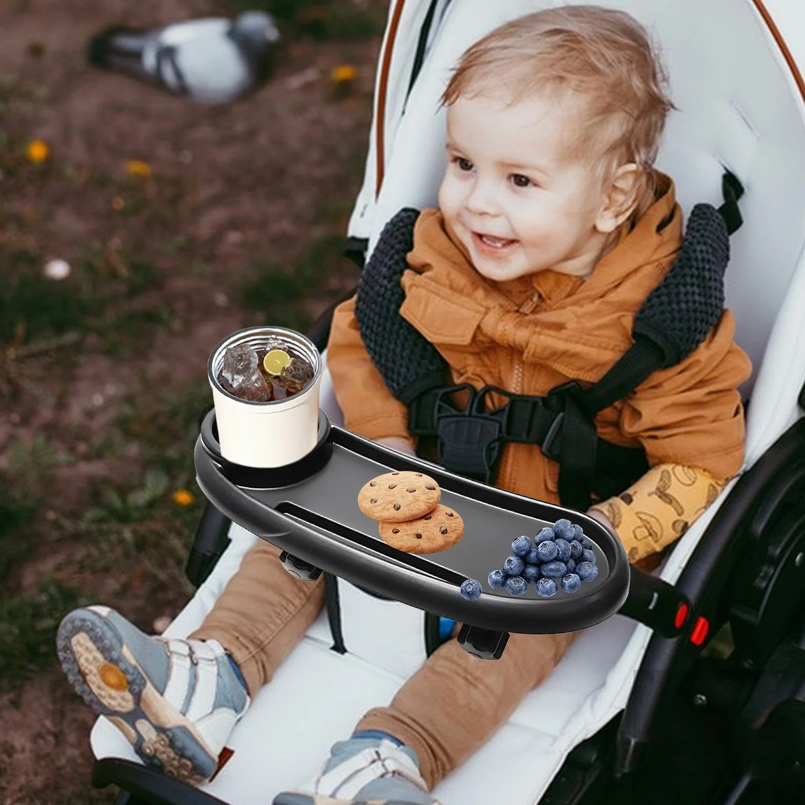 Vassoio per passeggino – vassoio per snack, supporto regolabile per telefono, stabile, funzione aggiornata, accessorio da viaggio, comodo organizer