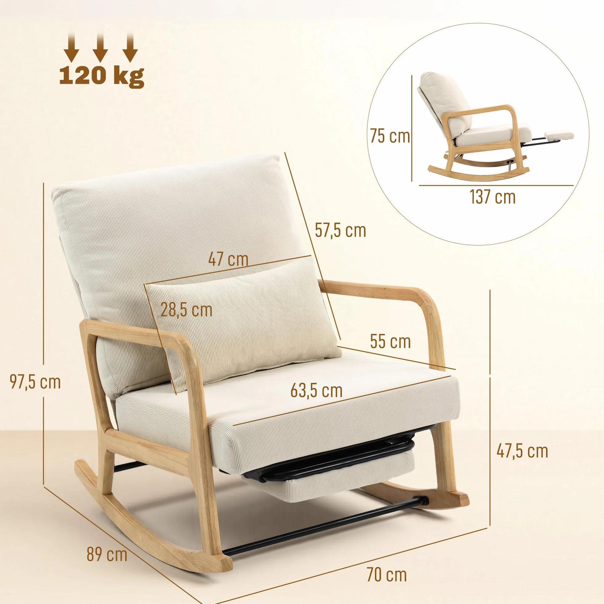 HOMCOM Sedia a dondolo con poggiapiedi, schienale regolabile, sedia a dondolo nordica in velluto a coste, gambe in legno, braccioli, cuscino lombare, sedia per allattamento, carico 120 kg, per camera