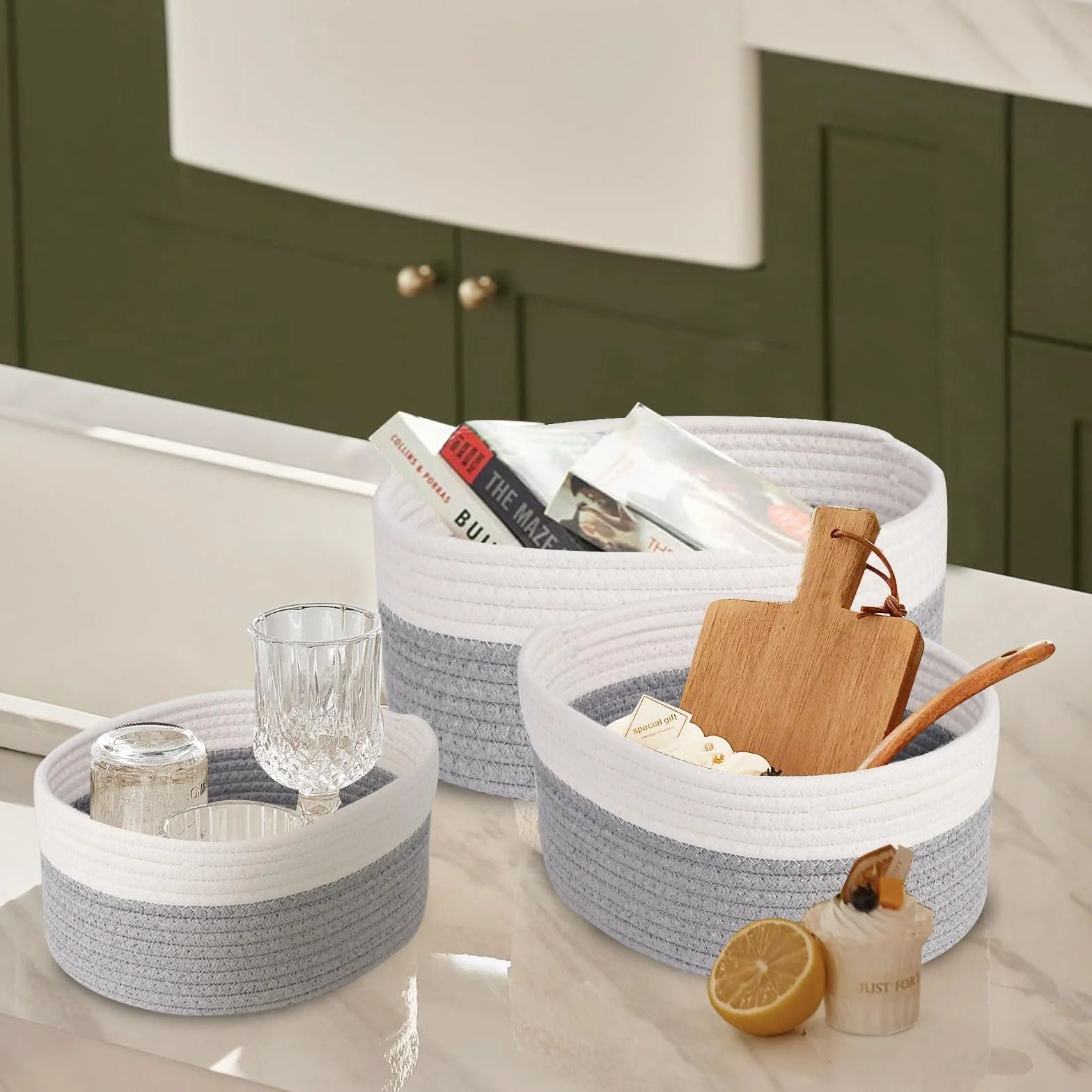 Set di 5 Cestini Portaoggetti,Piccoli Cestini in Cotone Intrecciato per Camera, Bagno e Mensole,Corda di Cotone per Bambini Bambina,Impilabile Organizer Fasciatoio