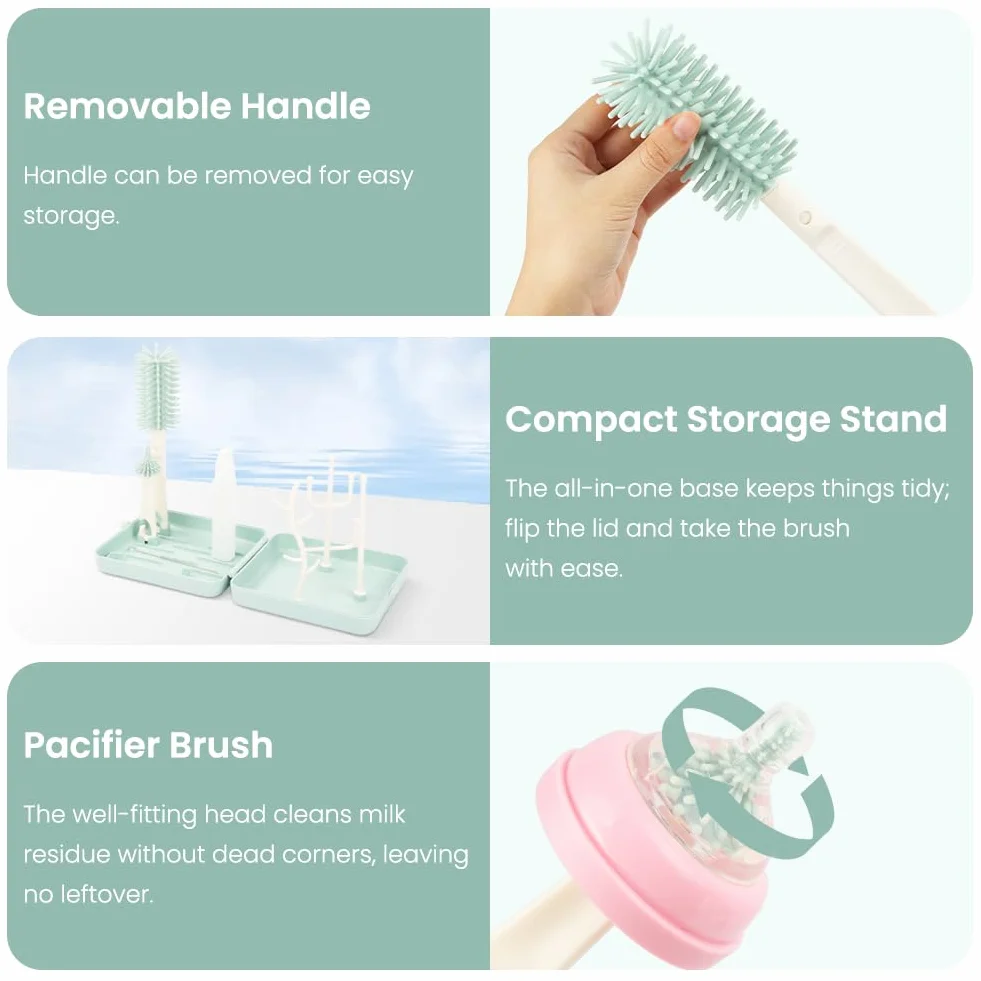 Vicloon 6 in 1 Spazzole per biberon, set da viaggio con spazzola in silicone per biberon/tettarella/cannuccia, dispenser di sapone, stendibiancheria, articoli essenziali da viaggio per neonati (Blu)