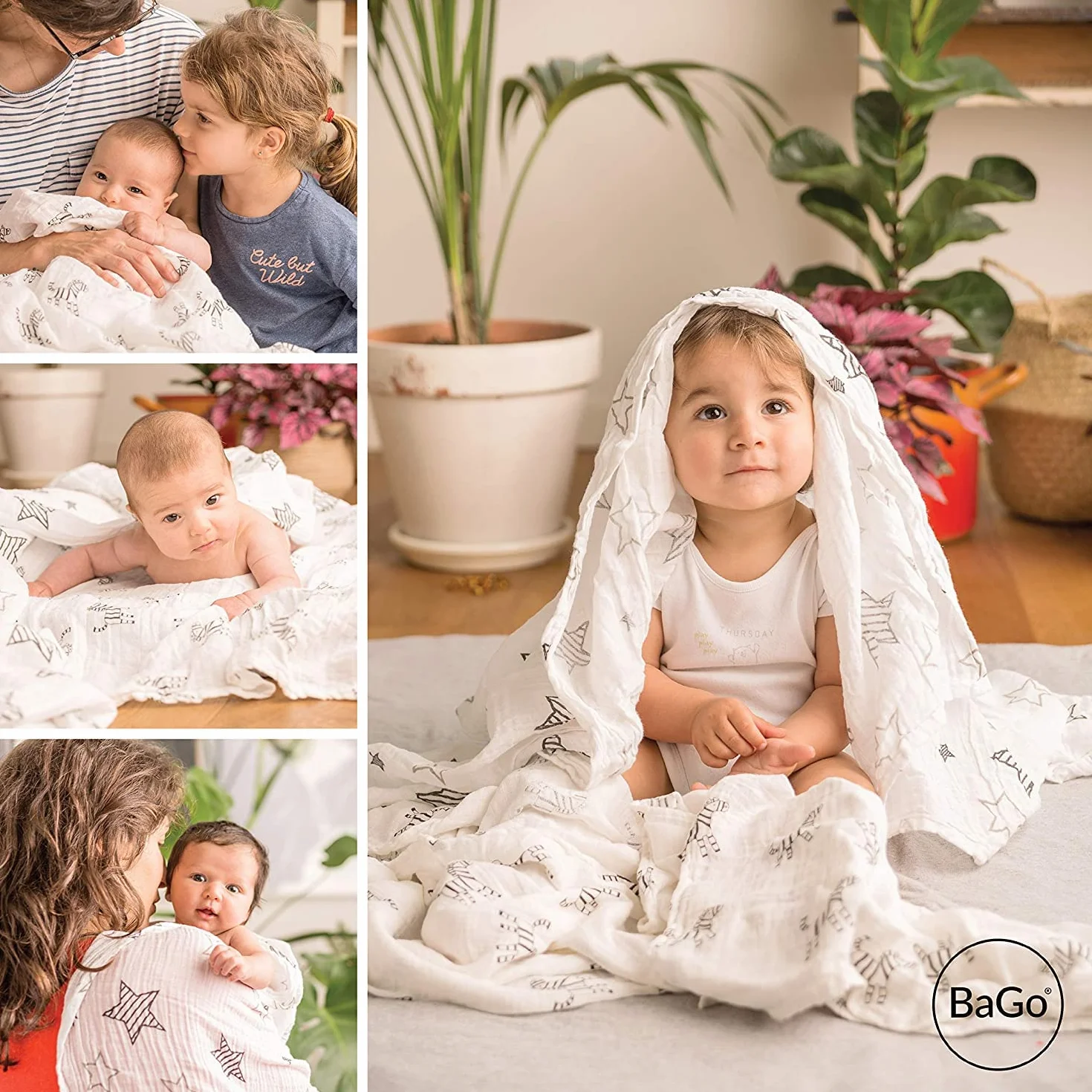 Mussole Neonato Bago® - 100% Cotone Biologico Certificato Gots - 120 X 120 - Mussola Copertina Lenzuola Culla Neonati - 2 Fantasie - Sacchetto Protettivo Da Trasporto - Regalo Bebe Per Bimba E Bimbo