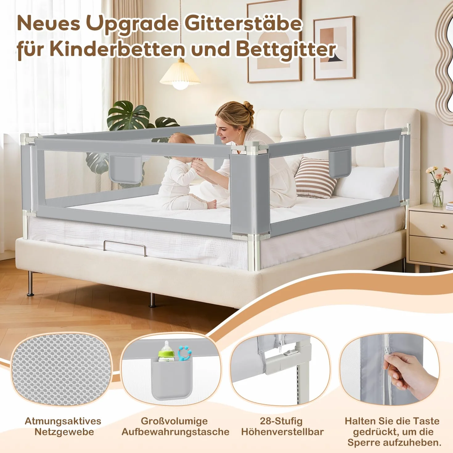 1x180CM+2x200CM Barriera per letto, Barriera pieghevole per letto per bambini, Protezione per letto per bambini per prevenire le cadute, Barriera per bambini piccoli, Facile da montare, Grigio