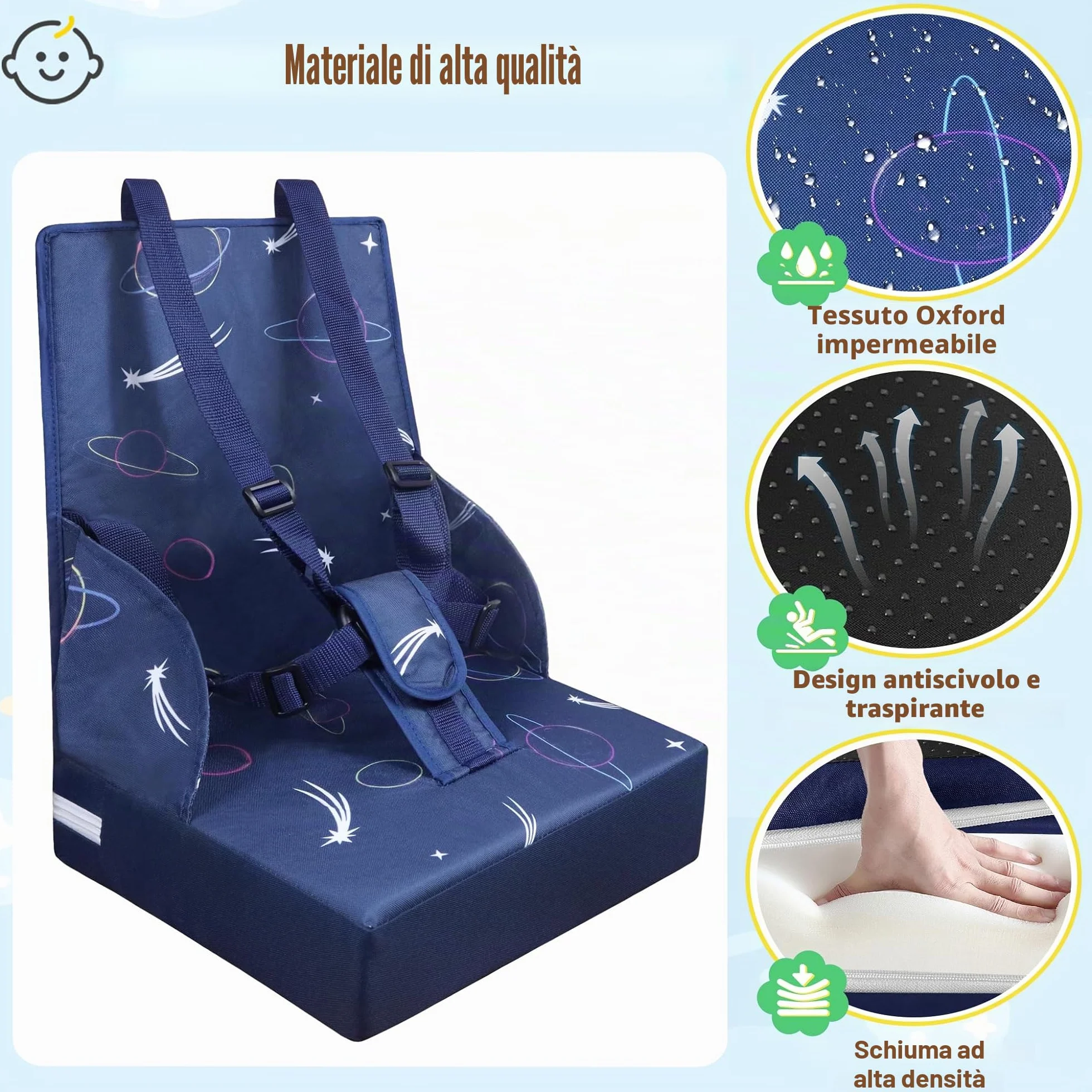 NAIZY Seggiolone rialzo per bambini, con schienale pieghevole e cintura di sicurezza a tre punti, spugne per rialzo della sedia, colore blu