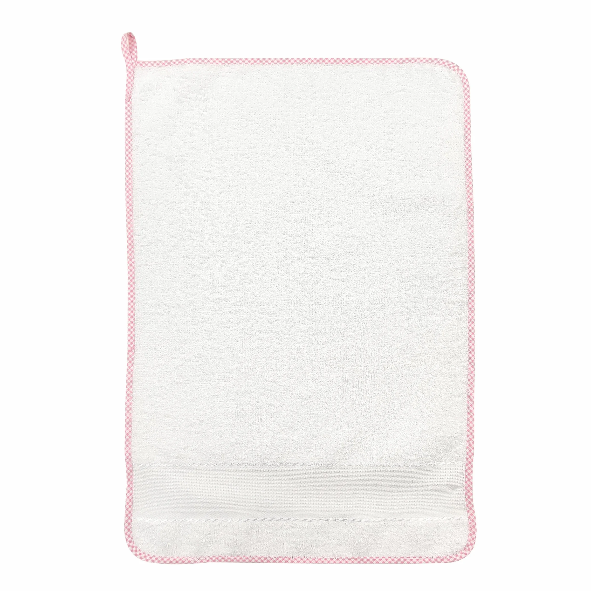 Panini Tessuti, ASCIUGAMANO di SPUGNA in 100% COTONE per bimbo/a con occhiello, bordo colorato a quadretti e tela aida per poter ricamare il proprio nome