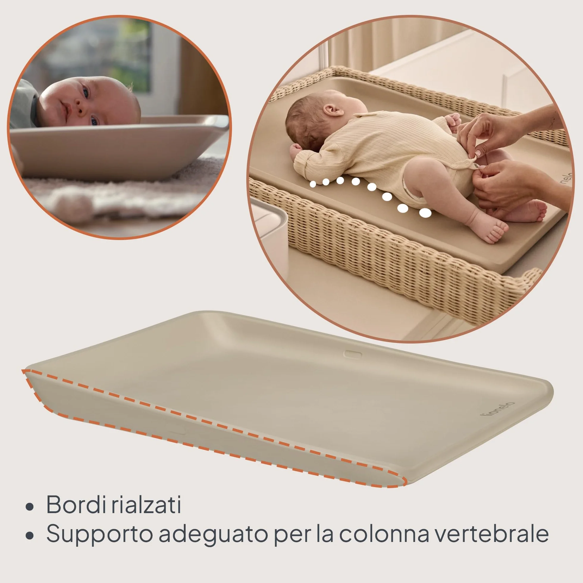 LIONELO Fasciatoio Neonato MEGS 50×70 cm Materassino Fasciatoio in Schiuma PU, Morbido Caldo al Tatto, Impermeabile, Antiscivolo, con Bordi Rialzati per Comfort e Sicurezza, Portatile (Beige)