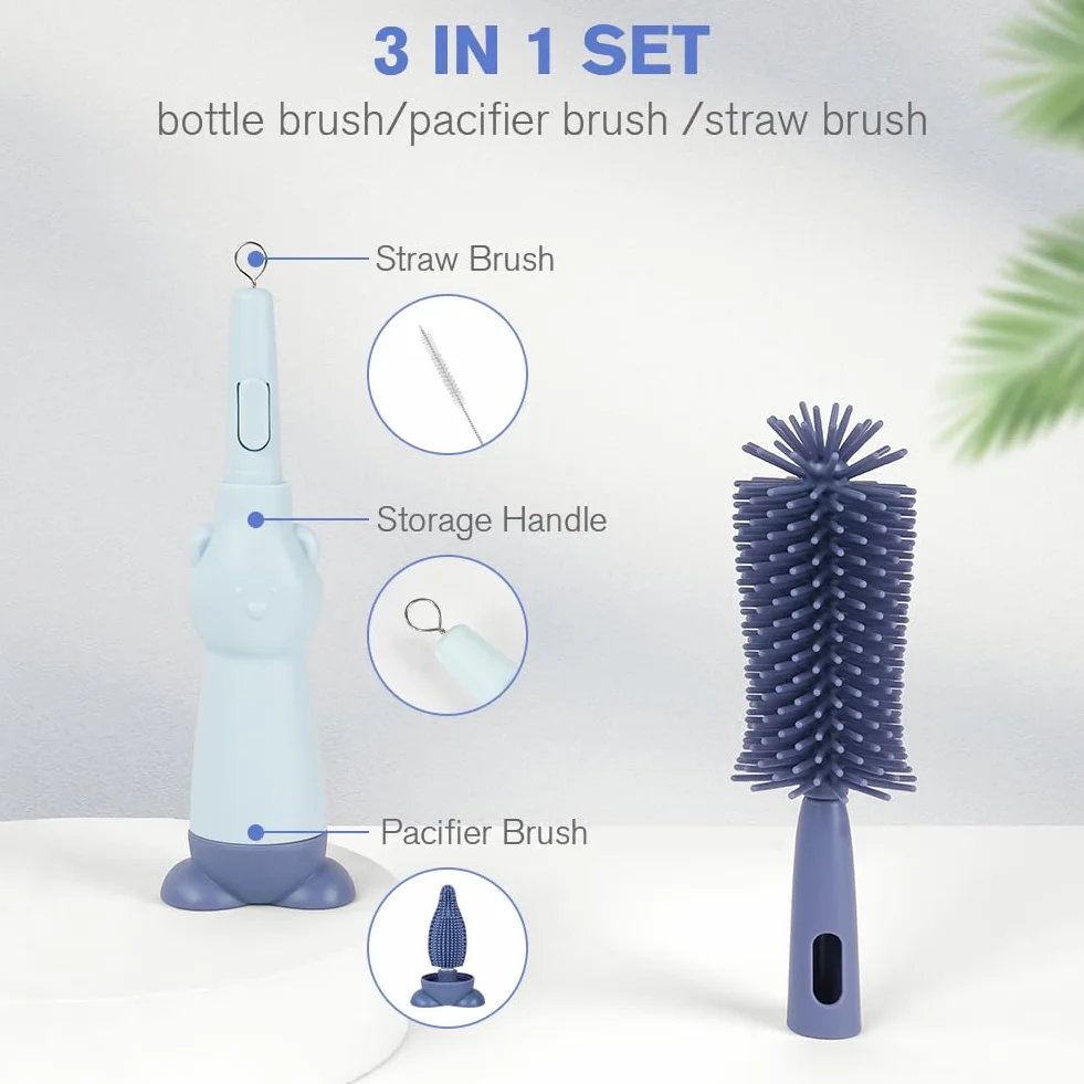 Vicloon Spazzola per Biberon, 3 in 1 Spazzola per la Pulizia di Biberon e Ciuccio, Scovolino in Silicone per la Pulizia, Tettarella, Cannucce, Blu Roccia