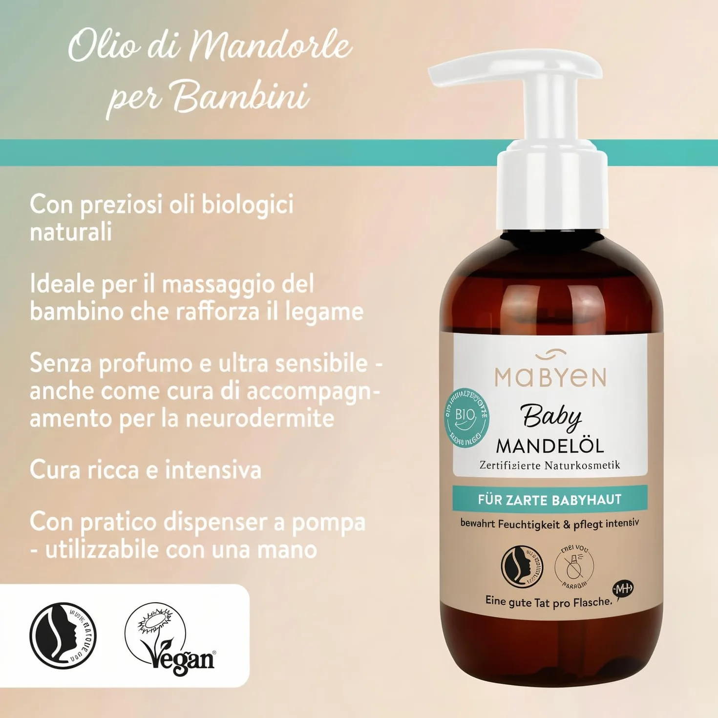 MABYEN Olio di Mandorle Bio per Bambini 200 ml – Vegano, Senza Profumo, Cosmesi Naturale – Per la cura del neonato e come olio da massaggio – Con pratico dosatore