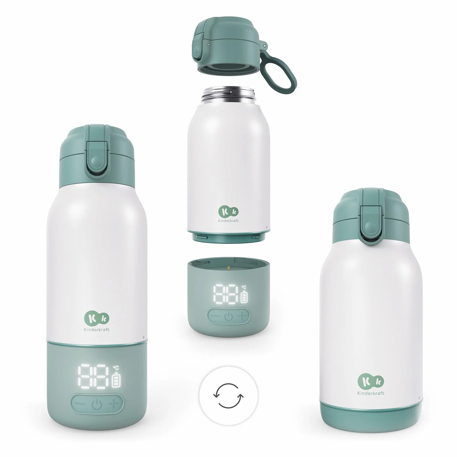 Kinderkraft GAJA scaldabiberon portatile e thermos 2 in 1 500 ml, 5 livelli di temperatura 37–55°C, batteria rimovibile, mantiene il calore fino a 20 h, ricarica USB-C, Verde