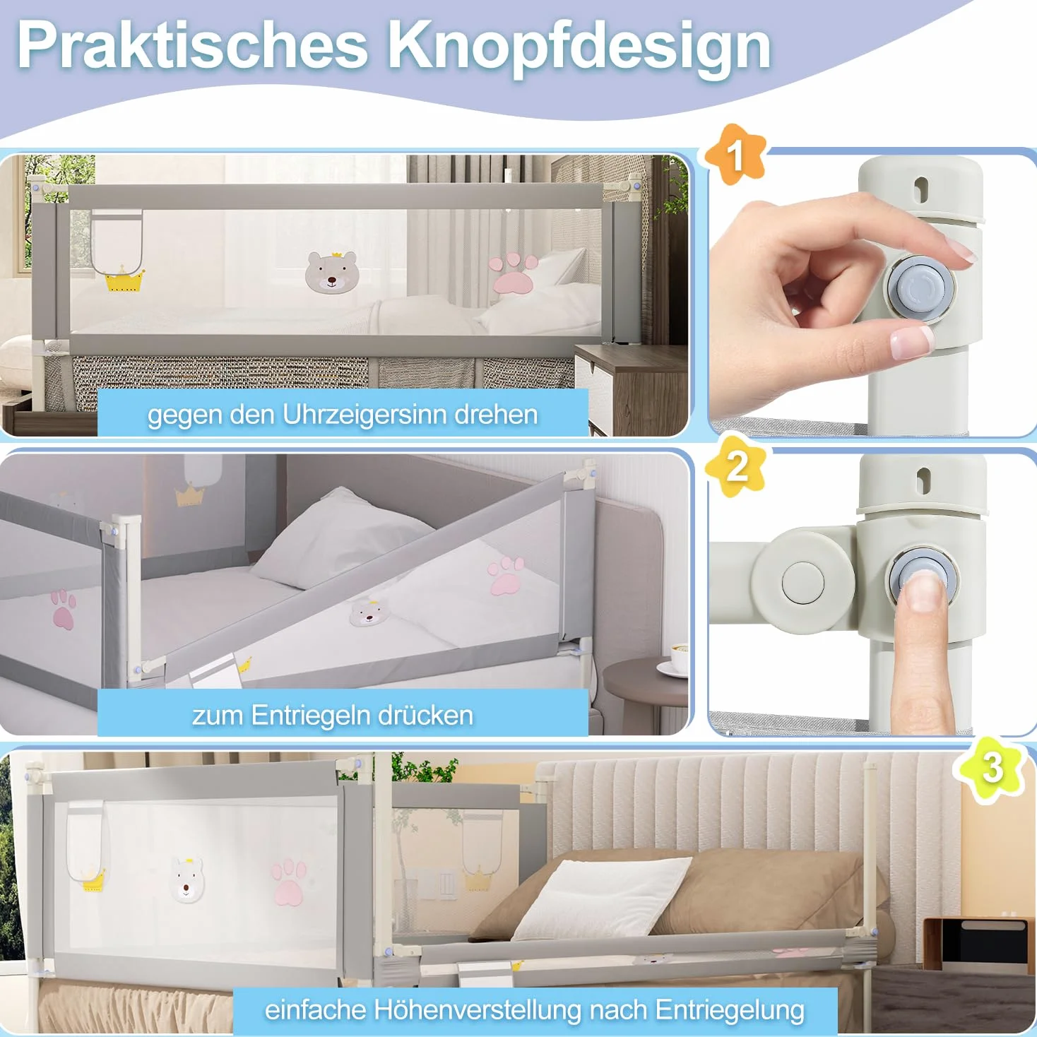 Ikodm Griglia di protezione da caduta, 200 cm x 2 + 180 cm x 1 cm, per lettino e letto dei bambini, regolabile in altezza, 70 – 98 cm, grigio