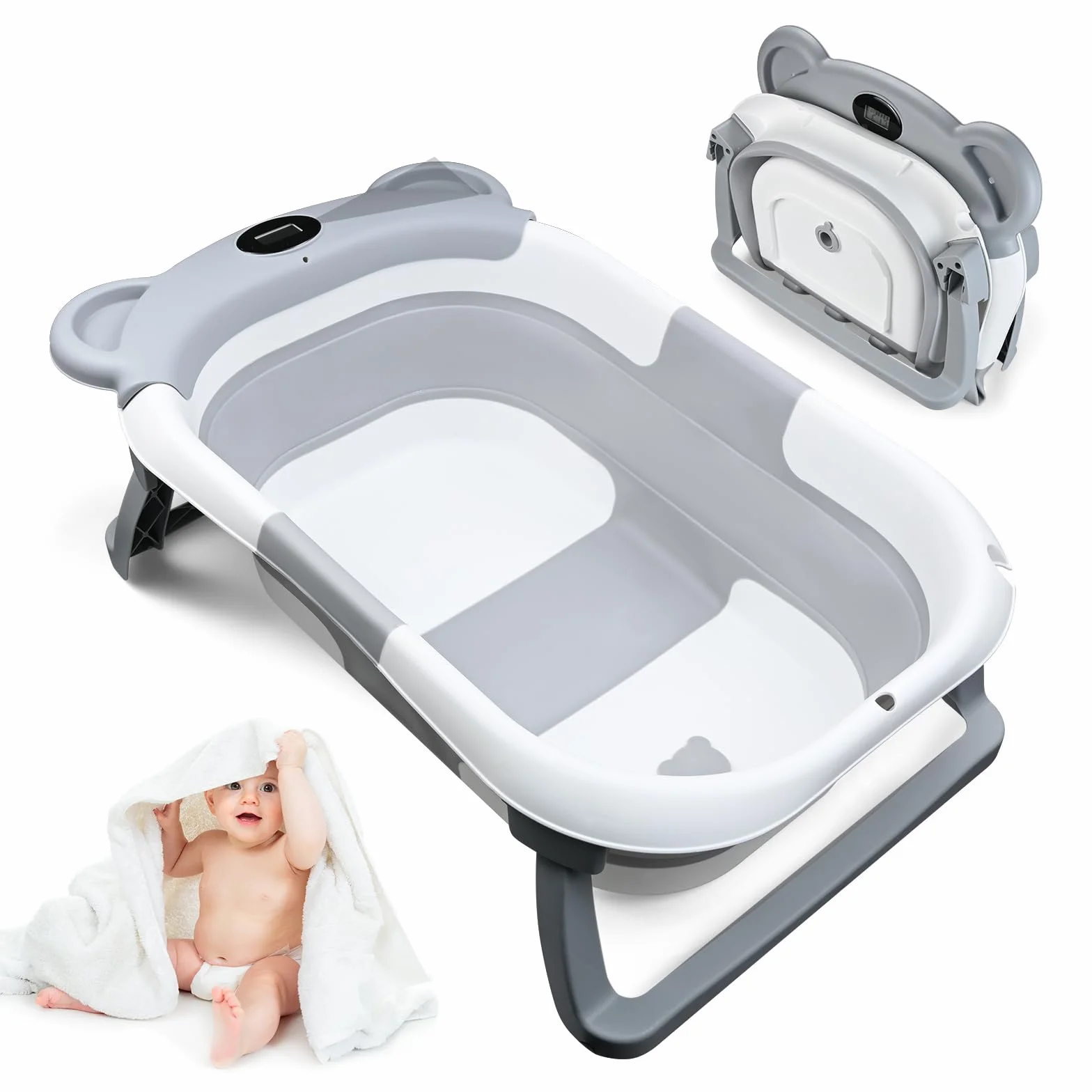 Vaschetta da Bagno per Neonati Pieghevole con Cuscino Antiscivolo e Termometro, Vasca Portatile con Struttura, Ideale per Viaggi e Docce per Bambini