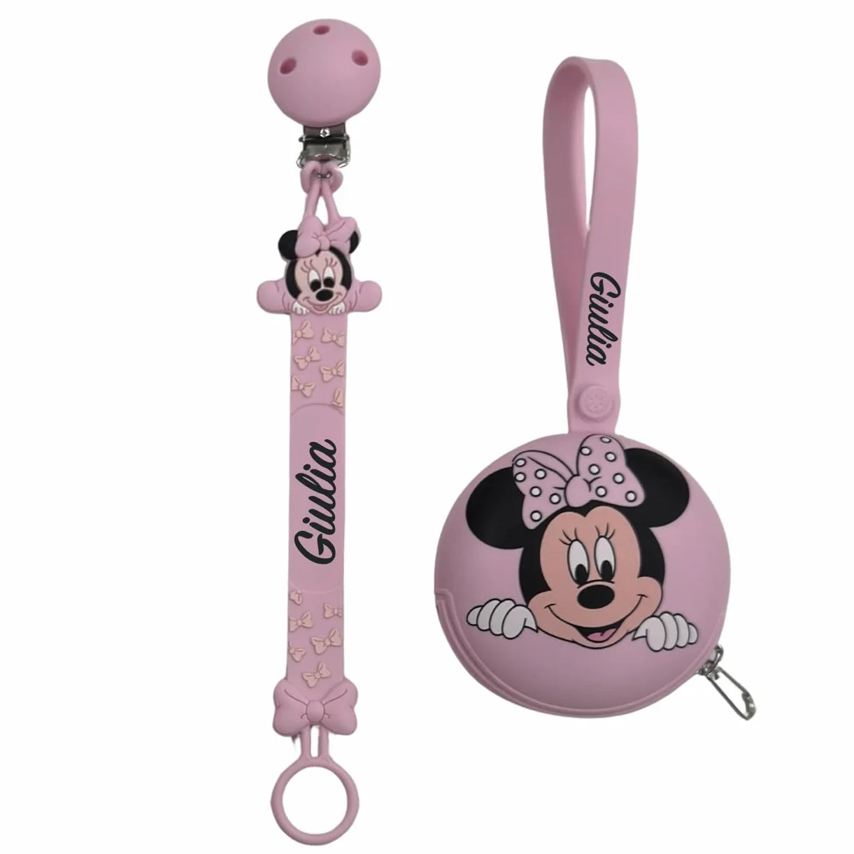NOVITÁ Fettuccia IN SILICONE, Catenella portaciuccio personalizzata con nome FLAT BABYJART, lavabile, sicura per il bambino, compatibile con ciuccio MAM e CHICCO! (Minnie Rosa Pastello)