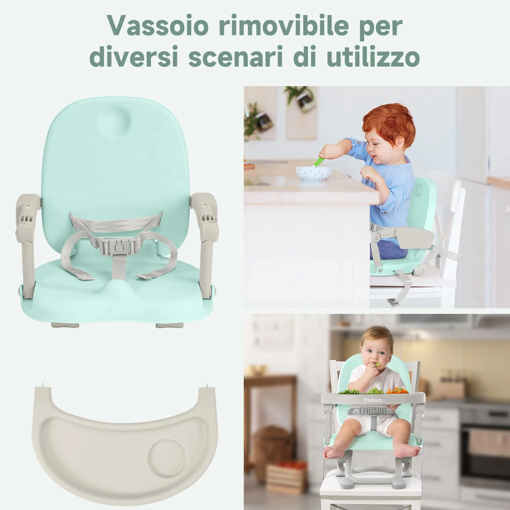 YOLEO Seggiolone Pappa, Portatile Rialzo Sedia Bambini per 6-36 mesi, Seggiolino per Bambini Regolabile con Chiusura Compatta e Vassoio Rimovibile, per uso Interno/Esterno (Verde senza Cuscino)