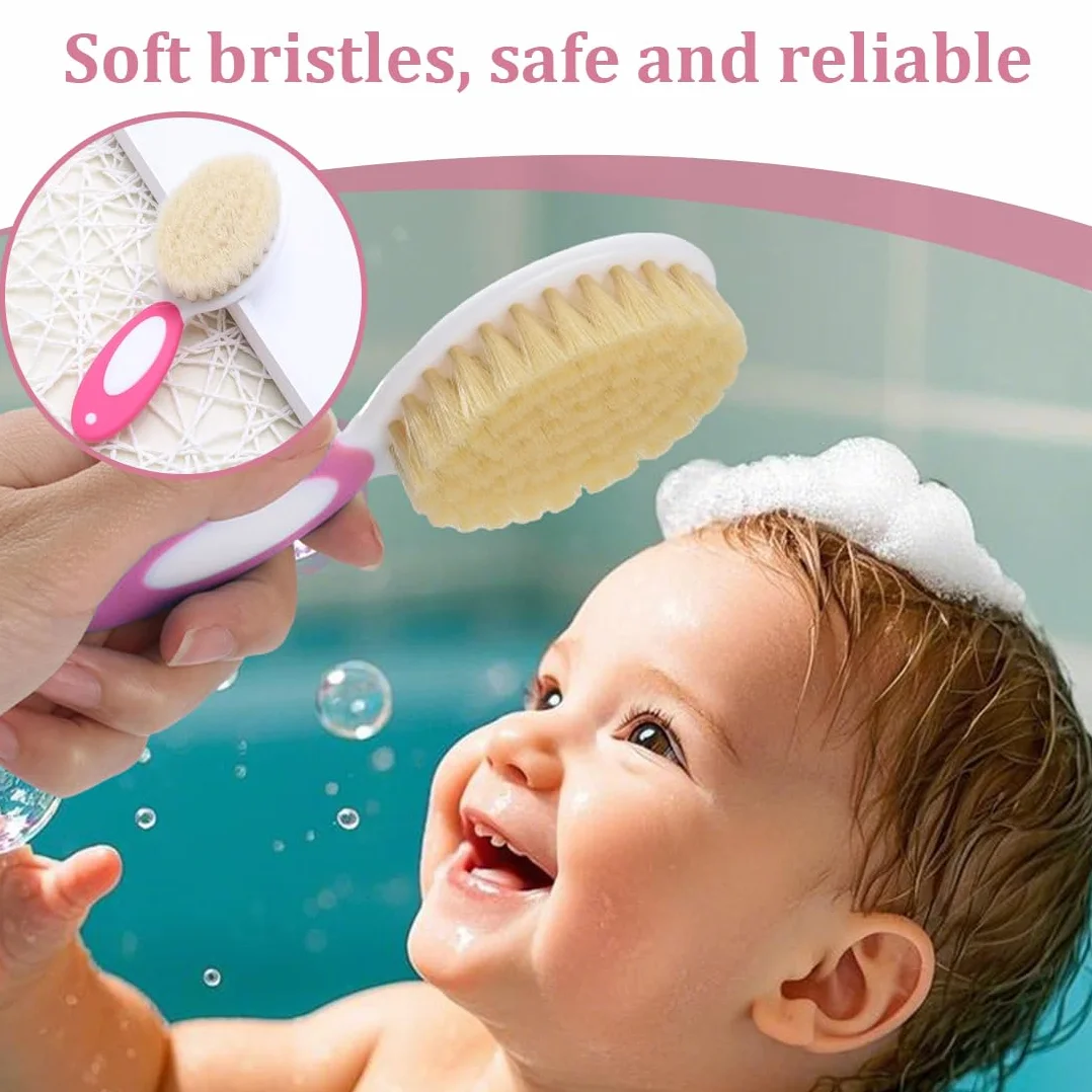 Set Spazzola e Pettine per Bambino,1 set,Spazzola Neonati con Morbide Setole Naturali, Pettine con Punte Arrotondate,regalo perfetto per la registrazione del bambino,Rosa