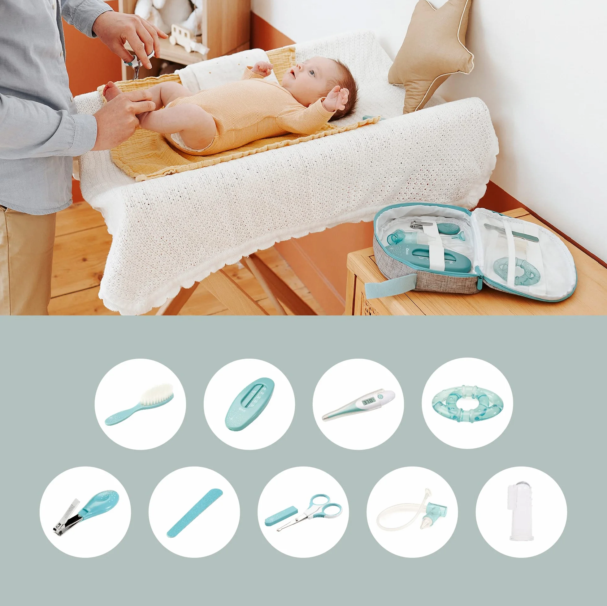 Babymoov A032002 Set per l'Igiene e Cura del Bambino, 9 Accessories, Blu (Aqua)