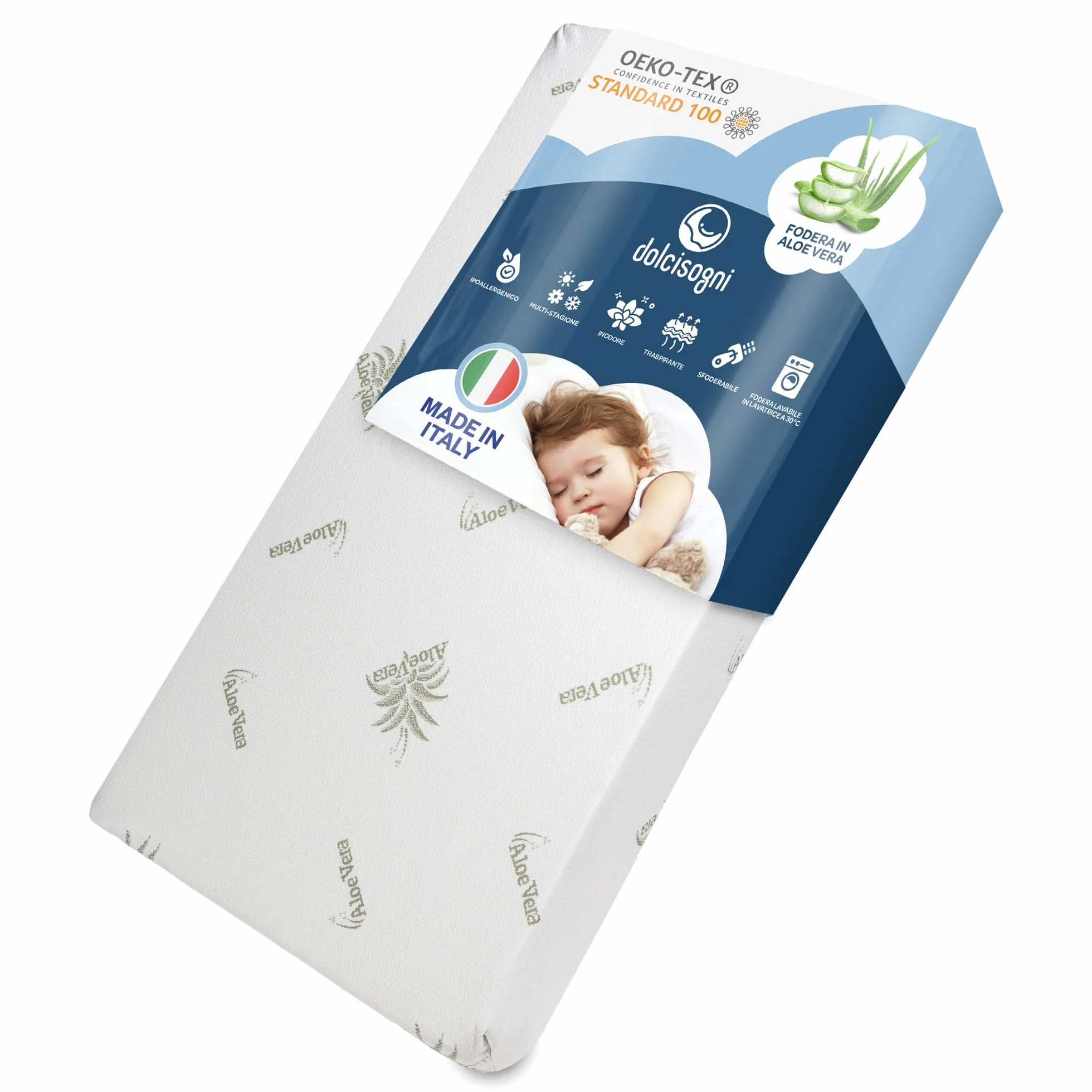 DOLCI SOGNI Materasso Lettino 60x120 cm Spessore 16 cm, OEKO-TEX® e CertiPUR™ Materasso Culla Bambino per Lettino Neonati, Fodera in Aloe Vera Sfoderabile e Lavabile, Materasso Lettino Neonato