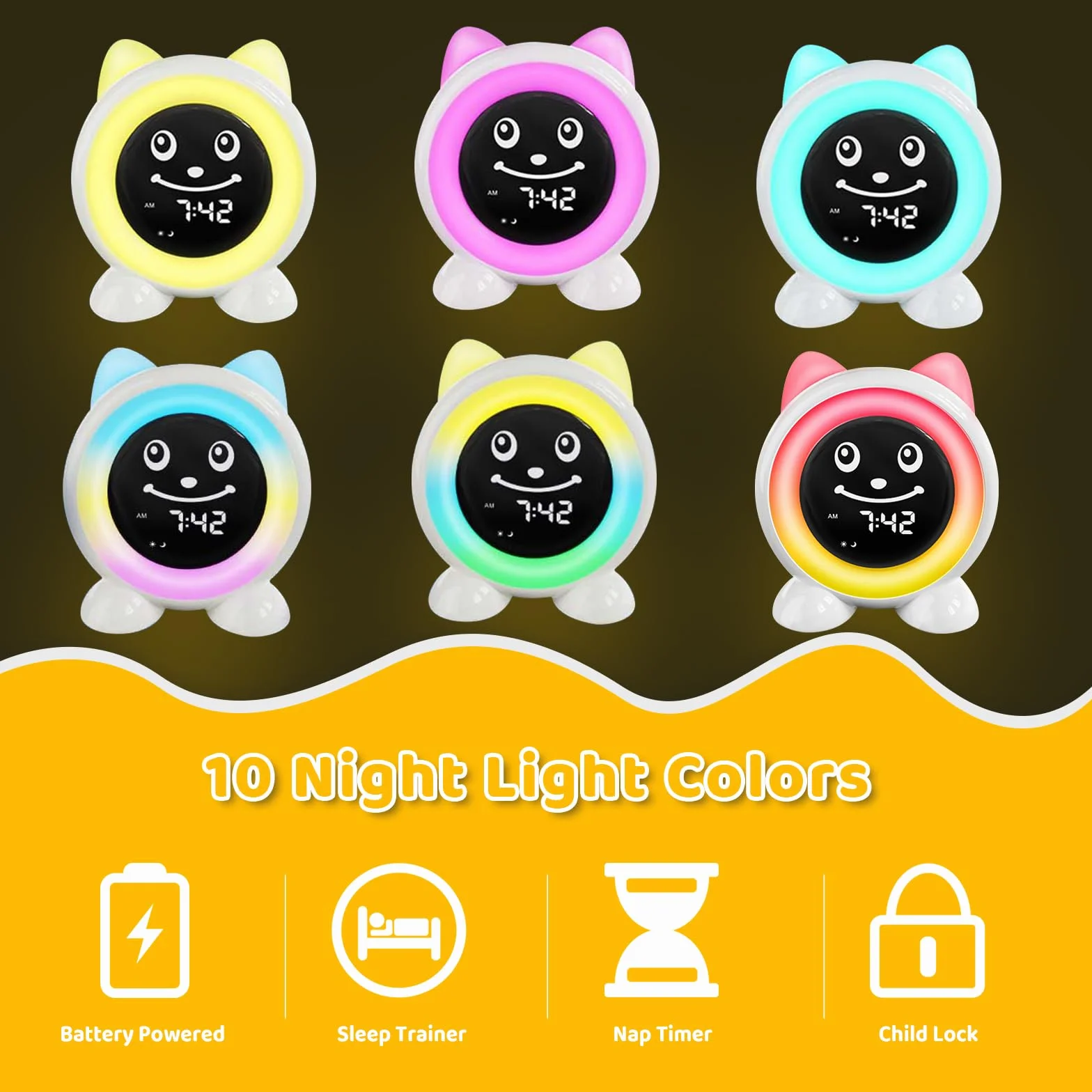 I·CODE Sveglia per bambini, con luce notturna, timer per pisolini, snooze per bambini più piccoli, ragazzi e ragazze (versione a batteria)
