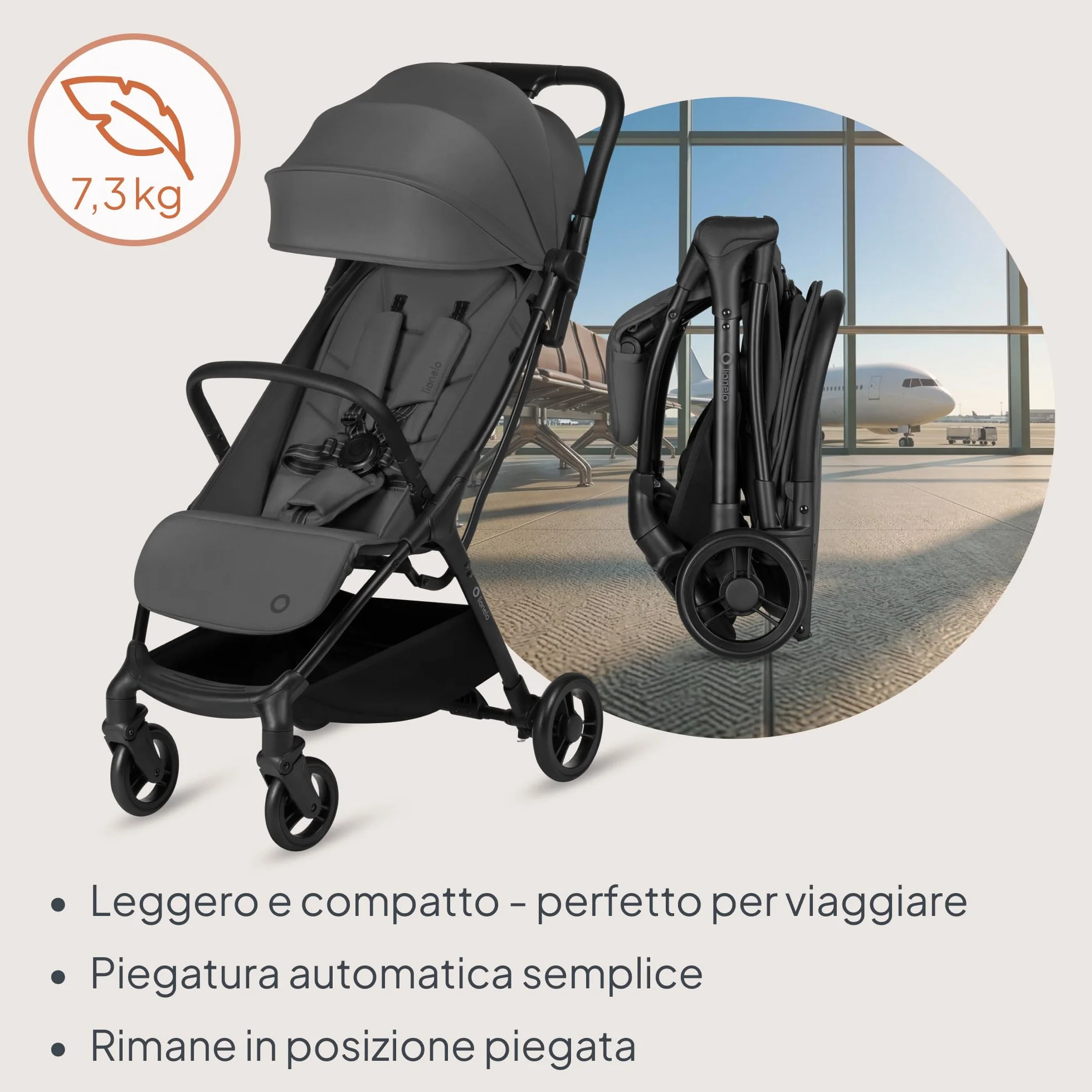 Lionelo AGIA Passeggino Leggero e Compatto fino a 22 kg / 4 anni Pieghevole con una Mano, Posizione Distesa, Seduta Ampia, Pannello di ventilazione, Ammortizzazione, Grande Cestello Regolazione Facile