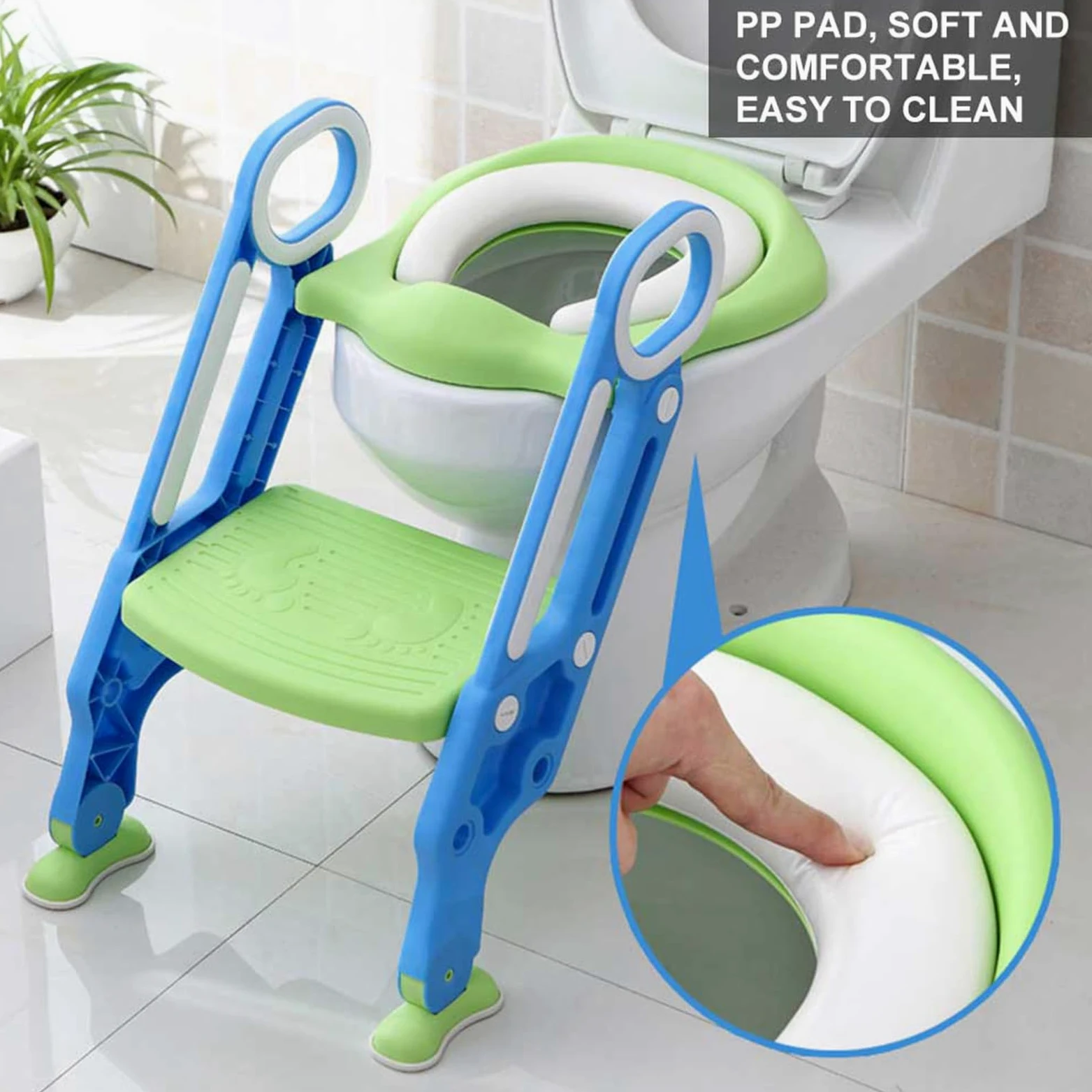Marhynchus Seggiolino per Vasino per Bambini, Sedia da Toilette per Bambini, Scala di Sicurezza Regolabile, Sgabello con Imbottitura Morbida in PU, Doppio Bracciolo, Piedini Antiscivolo per (turchese)