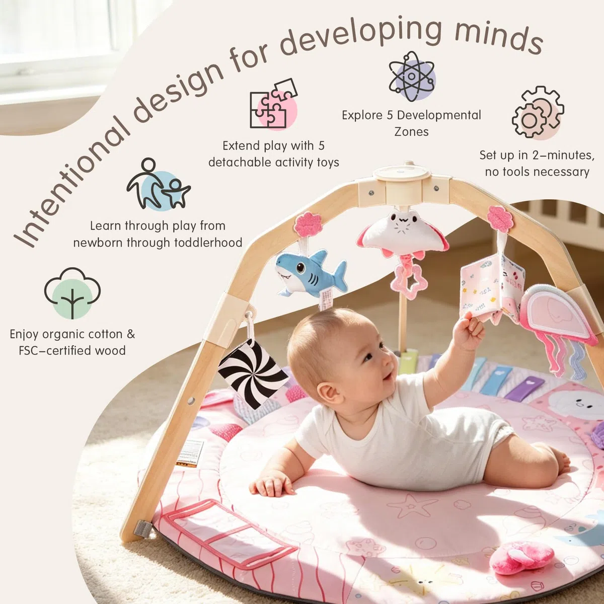 PG2601-MT - Tappetino da gioco per bambini, con 5 giocattoli sensoriali staccabili, tappetino da gioco pieghevole per lo sviluppo basato sul palco, regalo essenziale per la doccia del