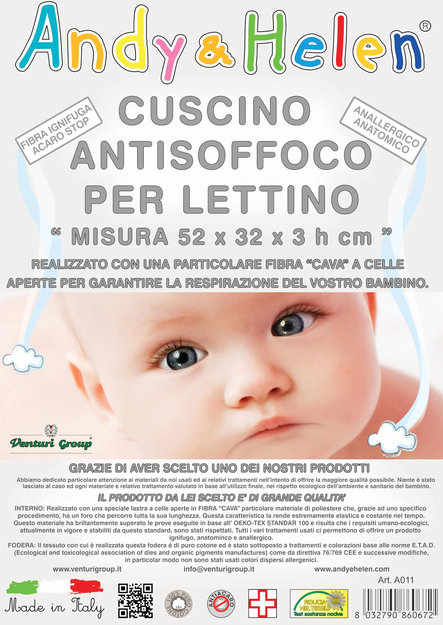 Andy & Helen - Cuscino Lettino Bambino Antisoffco per lettino con sbarre con fodera in Cotone OEKO-TEX® - 52x32x3 cm