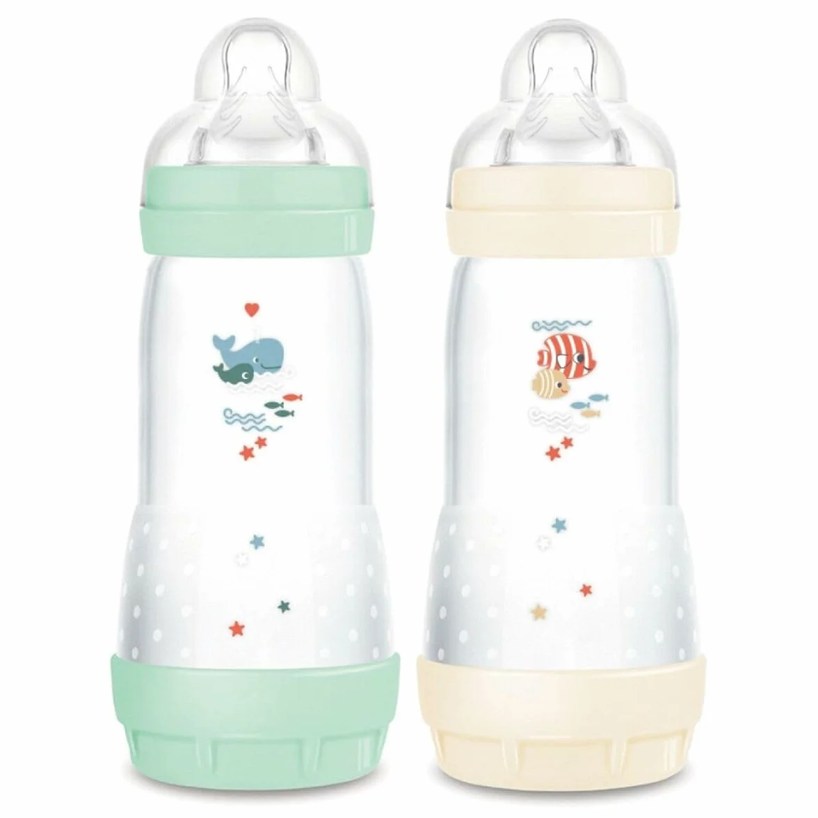 MAM - Confezione da 2 biberon Easy Start Anti-Colica 4+ mesi a flusso rapido (2 x 320 ml) Menta + Cotone - Biberon per ridurre le coliche e il disagio del bambino - Biberon per bambini compatibile con